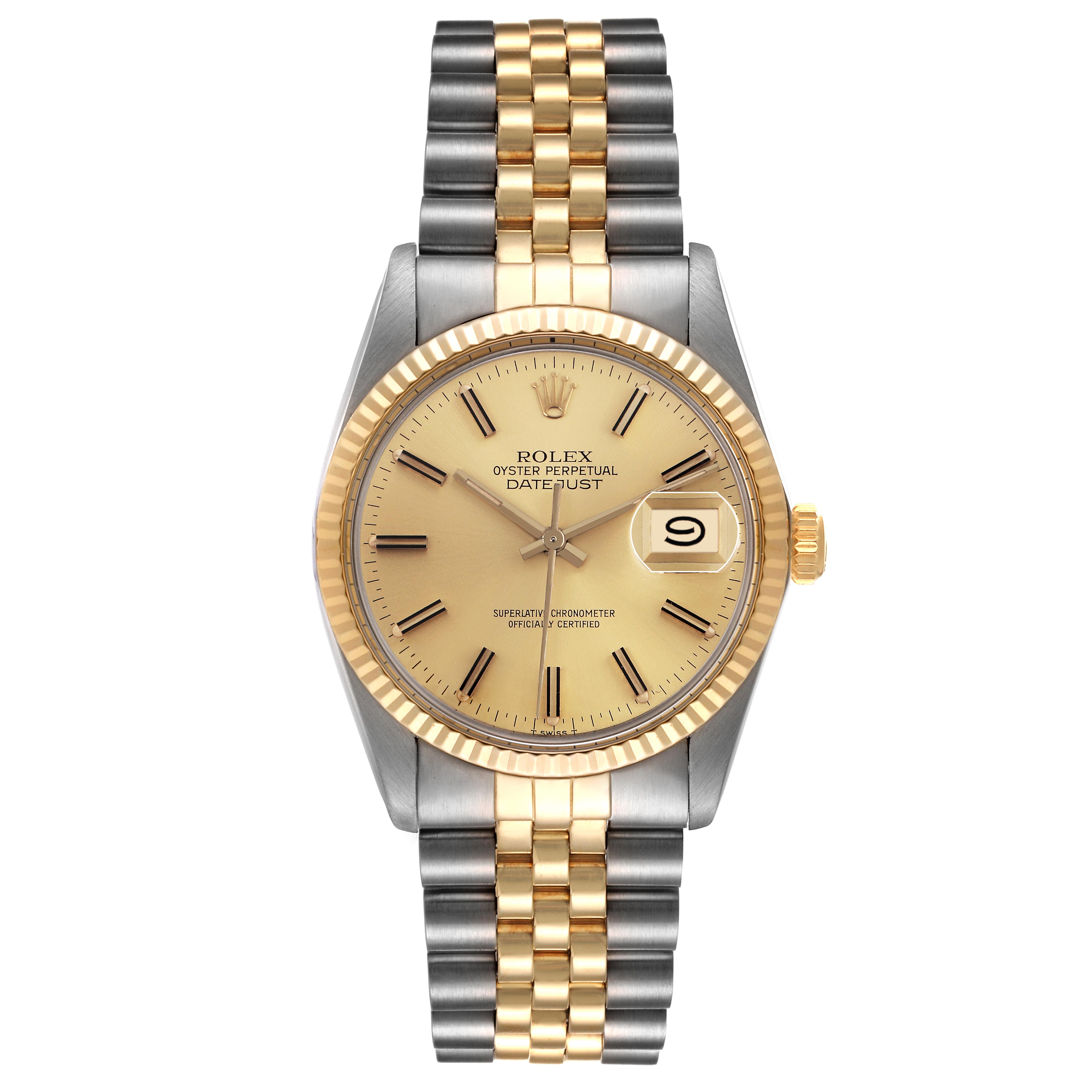 The Rolex Datejust 16013 Men's Steel and Gold (two tone) Champagne Dial 16013 Men's Steel and Gold (two tone) Champagne Dial watch is shown from a frontal angle, highlighting its dial, bezel, and two-tone bracelet.