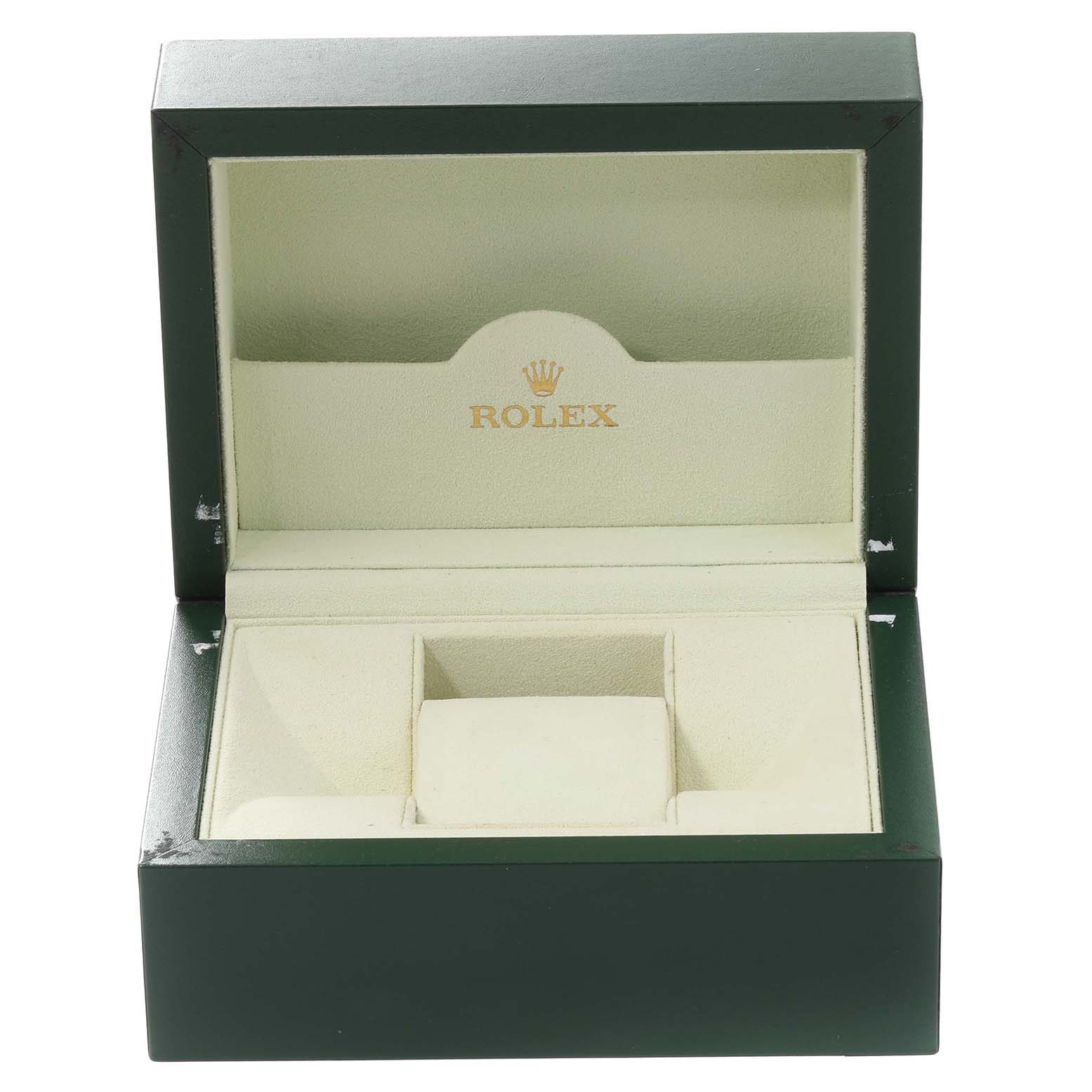 This image shows an open Rolex watch box for the Turn-o-Graph model, displaying the interior compartments.