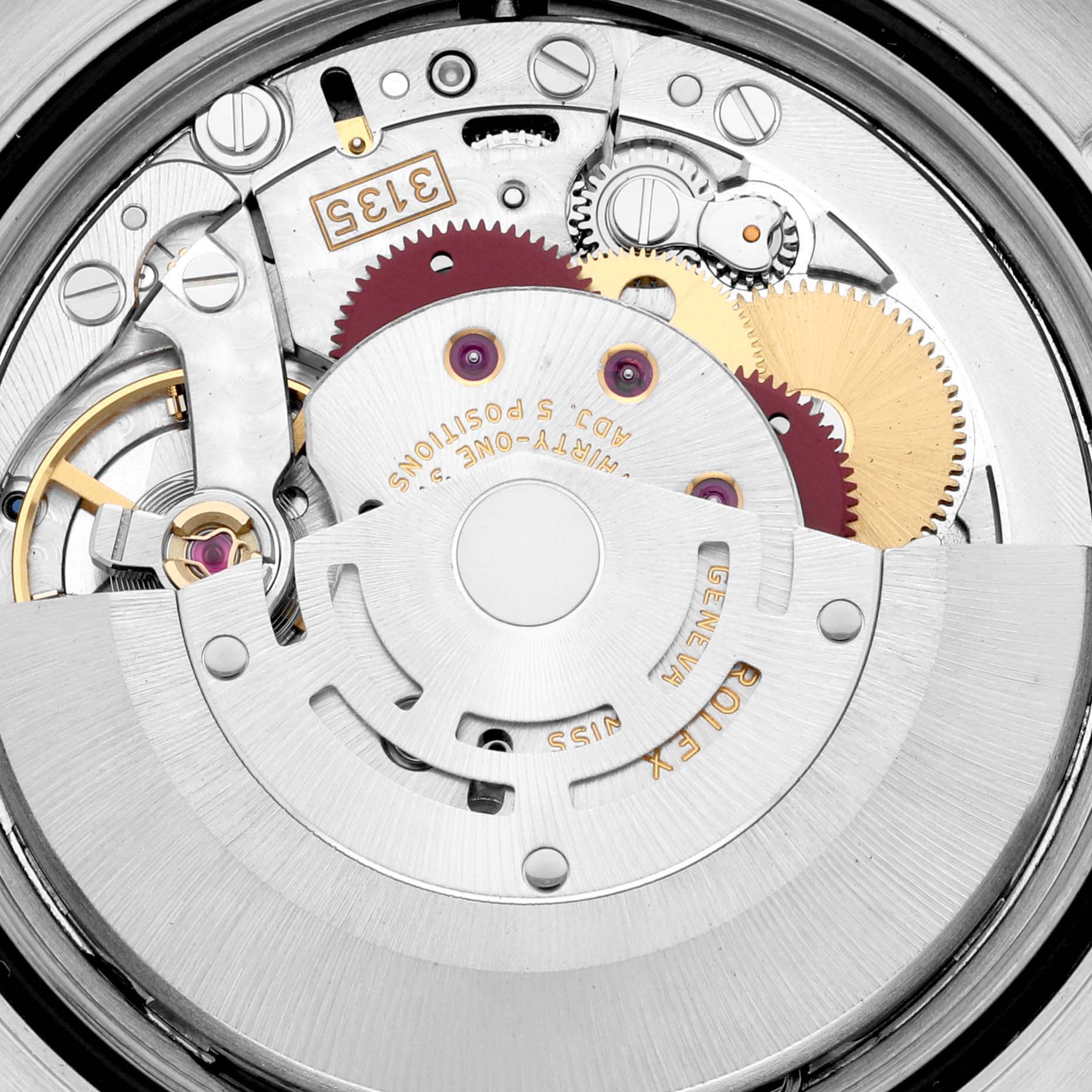 The image shows the intricate movement mechanism of a Rolex Turn-o-Graph 116261 Men's Steel and Gold (two tone) Black Dial 116261 Men's Steel and Gold (two tone) Black Dial watch from a top-down angle.