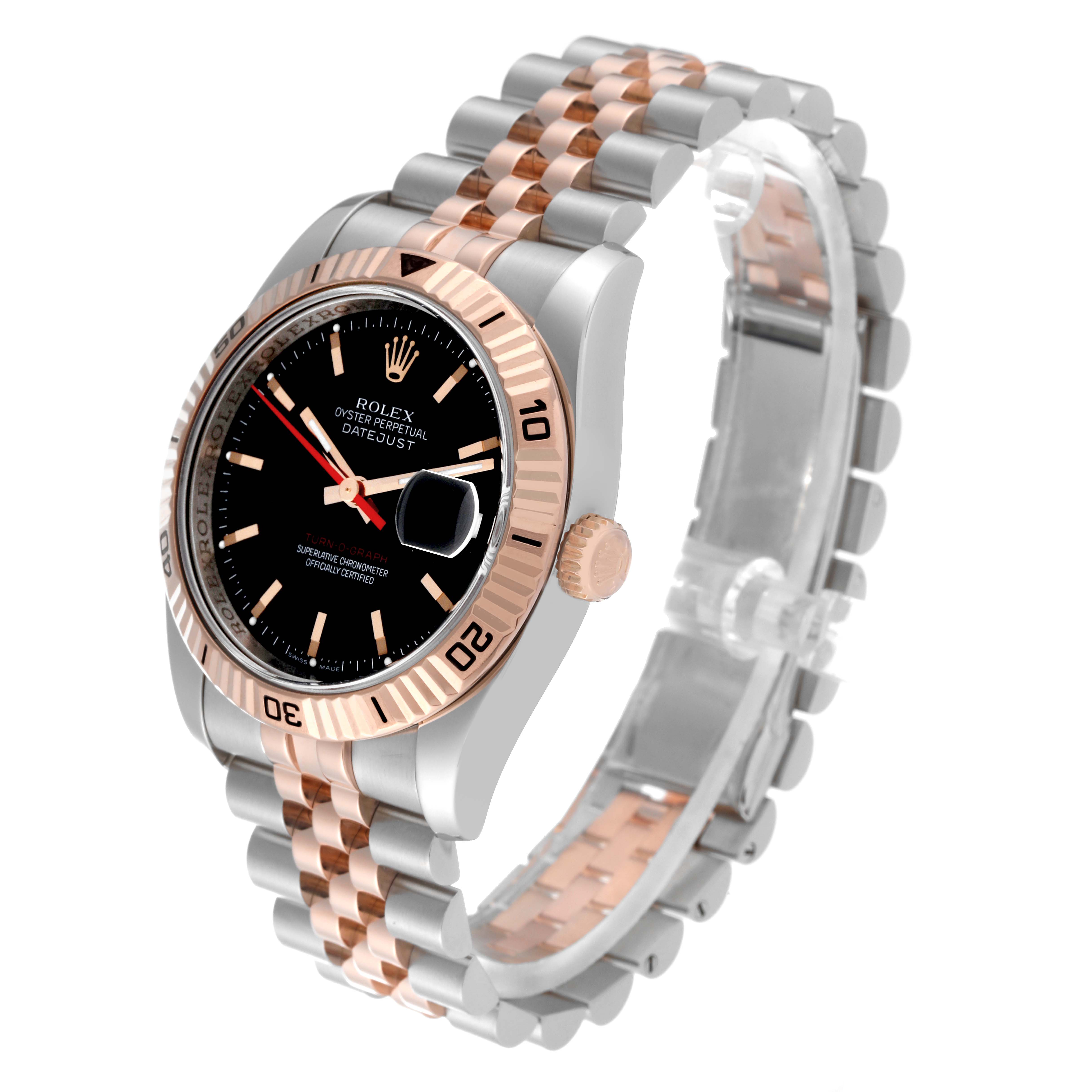 The image shows a side angle of the Rolex Turn-o-Graph 116261 Men's Steel and Gold (two tone) Black Dial 116261 Men's Steel and Gold (two tone) Black Dial watch, highlighting its bezel, dial, crown, and two-tone bracelet.