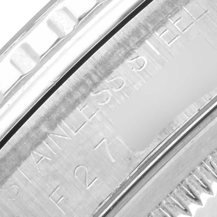 The image shows a close-up of the case side, bezel edge, and engraved writing on the Rolex Turn-o-Graph 16264 Men
s Stainless Steel Silver Dial 16264 Men
s Stainless Steel Silver Dial watch.