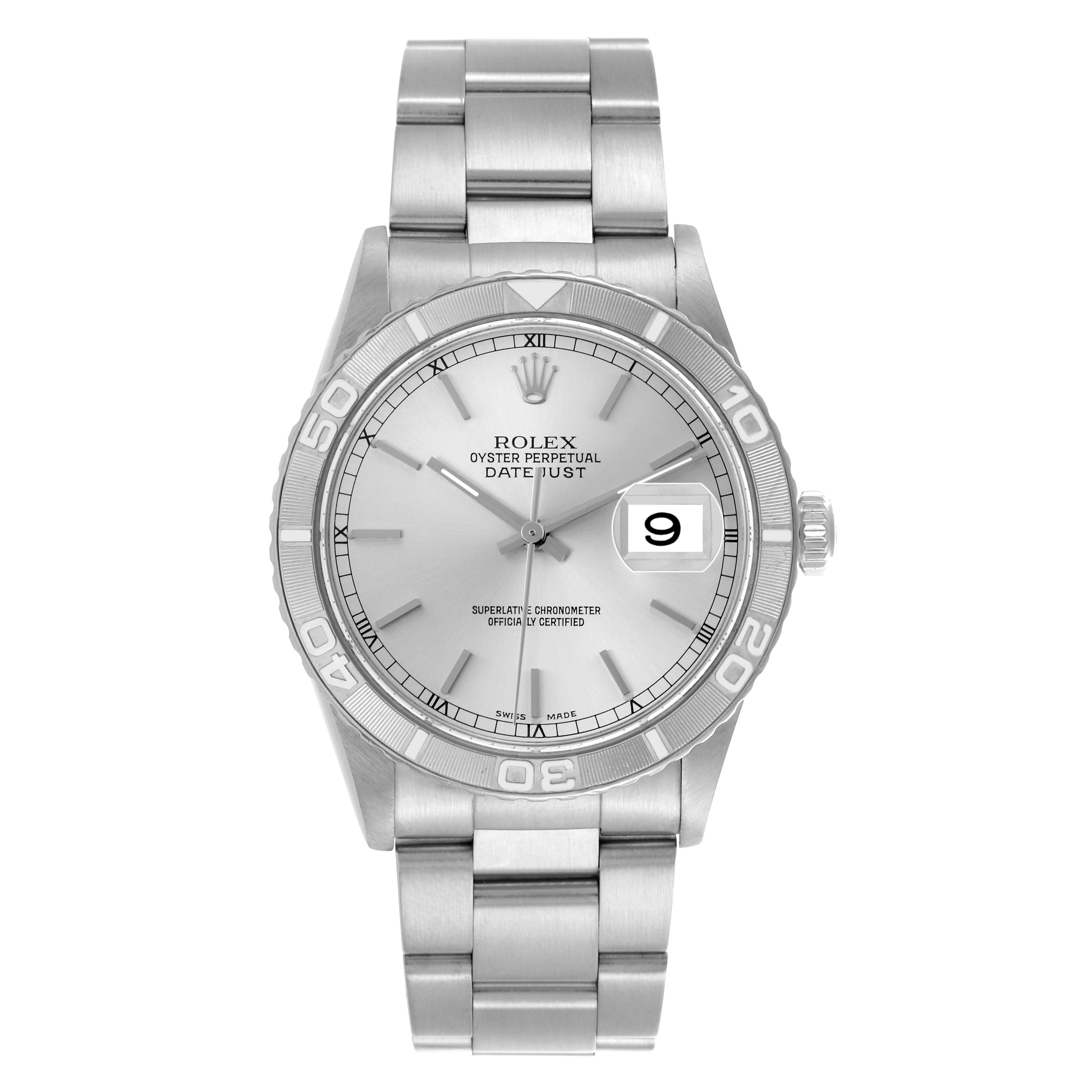 The Rolex Turn-o-Graph 16264 Men
s Stainless Steel Silver Dial 16264 Men
s Stainless Steel Silver Dial watch is shown from the front, displaying the dial, bezel, bracelet, and date window.