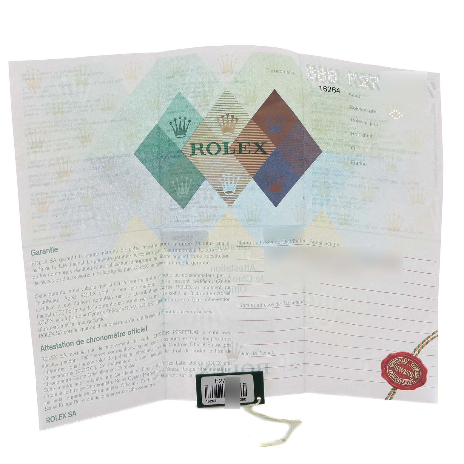 The image shows the warranty paper and tag for a Rolex Turn-o-Graph 16264 Men
s Stainless Steel Silver Dial 16264 Men
s Stainless Steel Silver Dial watch, including a logo and some text.