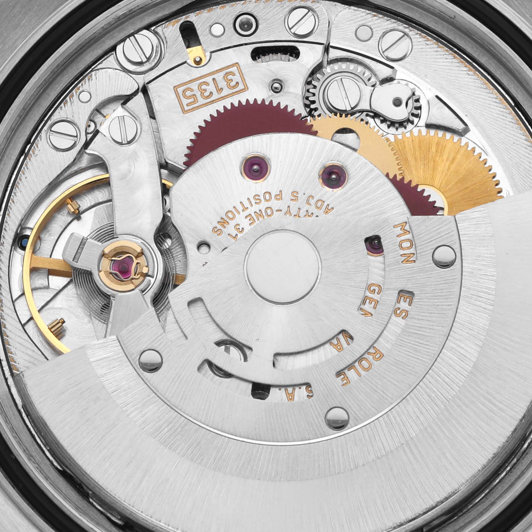 The image shows the intricate movement of a Rolex Turn-o-Graph 16264 Men
s Stainless Steel Silver Dial 16264 Men
s Stainless Steel Silver Dial watch from a top-down perspective, highlighting gears and components.