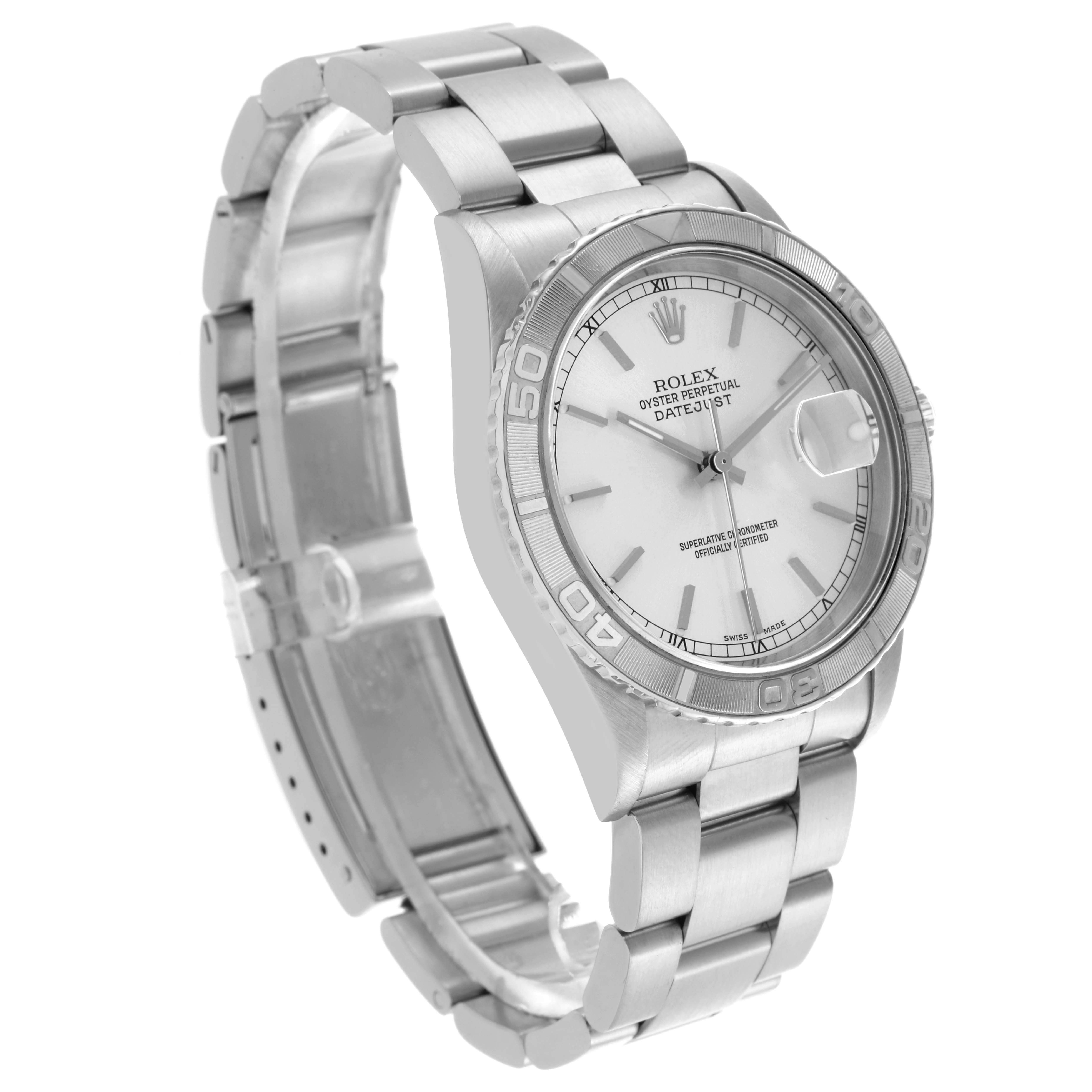 The Rolex Turn-o-Graph 16264 Men
s Stainless Steel Silver Dial 16264 Men
s Stainless Steel Silver Dial watch is shown at a three-quarter angle, highlighting the bezel, dial, and open bracelet.