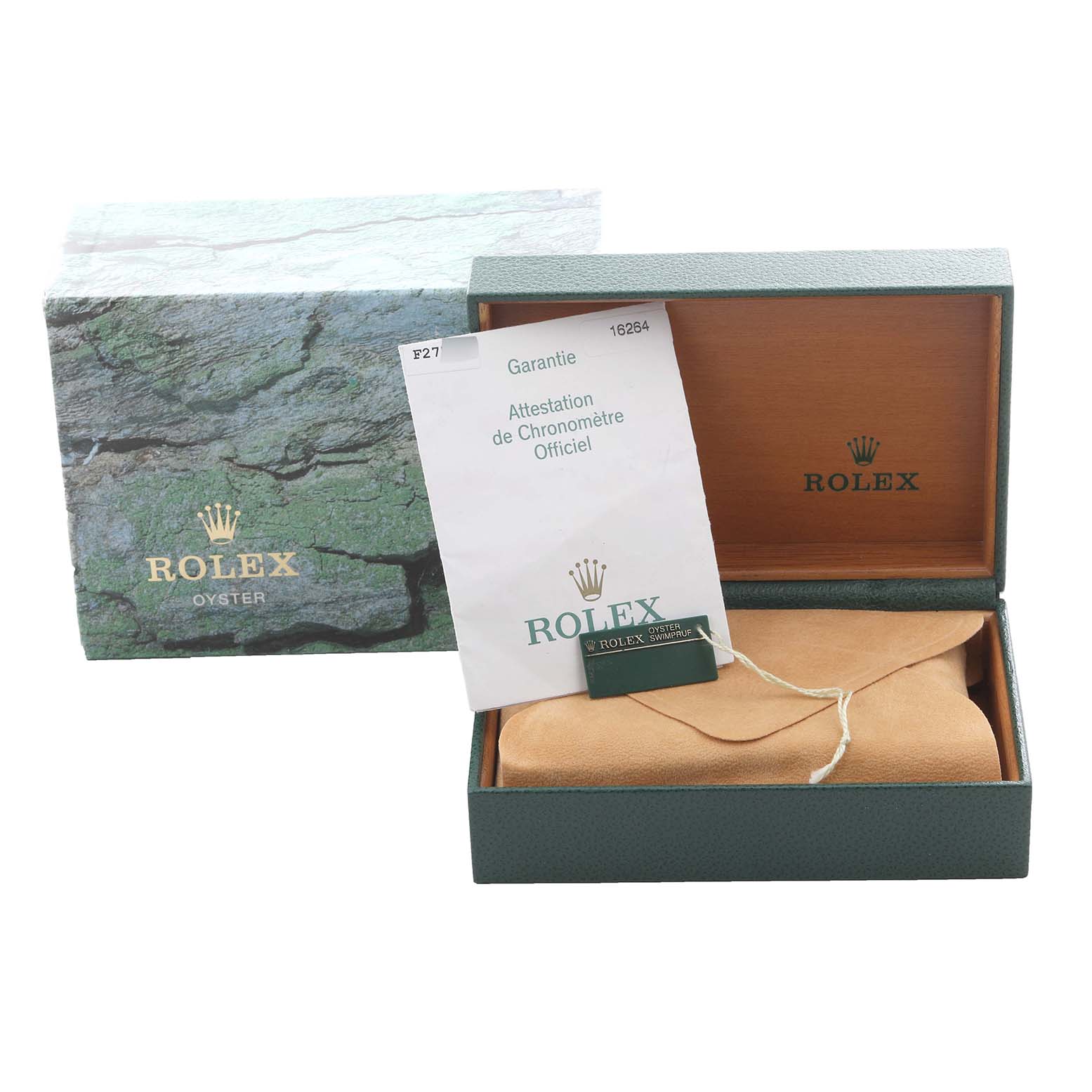 The image shows the box and accessories for a Rolex Turn-o-Graph 16264 Men
s Stainless Steel Silver Dial 16264 Men
s Stainless Steel Silver Dial, including a green box, papers, and a leather pouch.