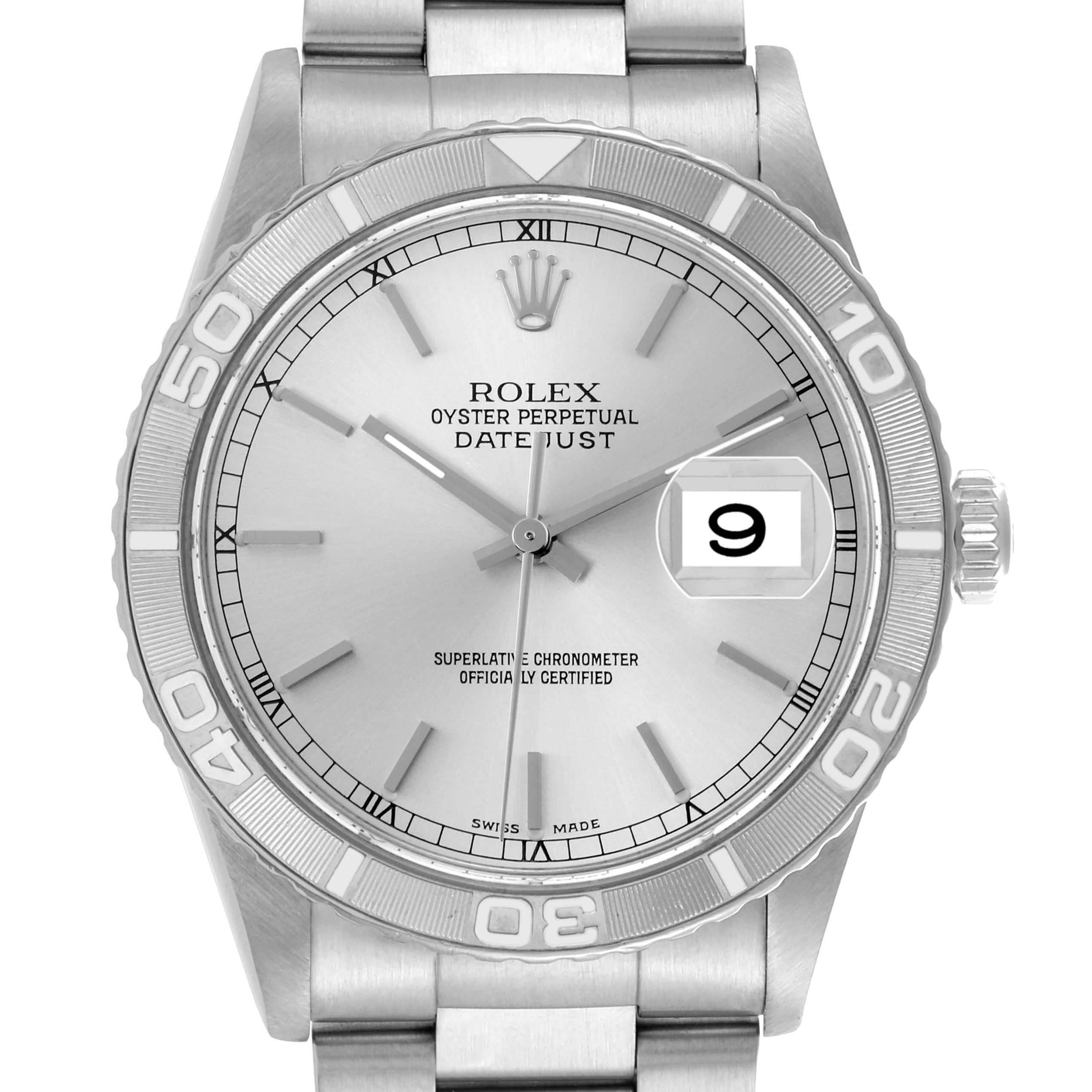 The Rolex Turn-o-Graph 16264 Men
s Stainless Steel Silver Dial 16264 Men
s Stainless Steel Silver Dial watch is shown from a top-down angle, displaying its face, bezel, and part of the bracelet.