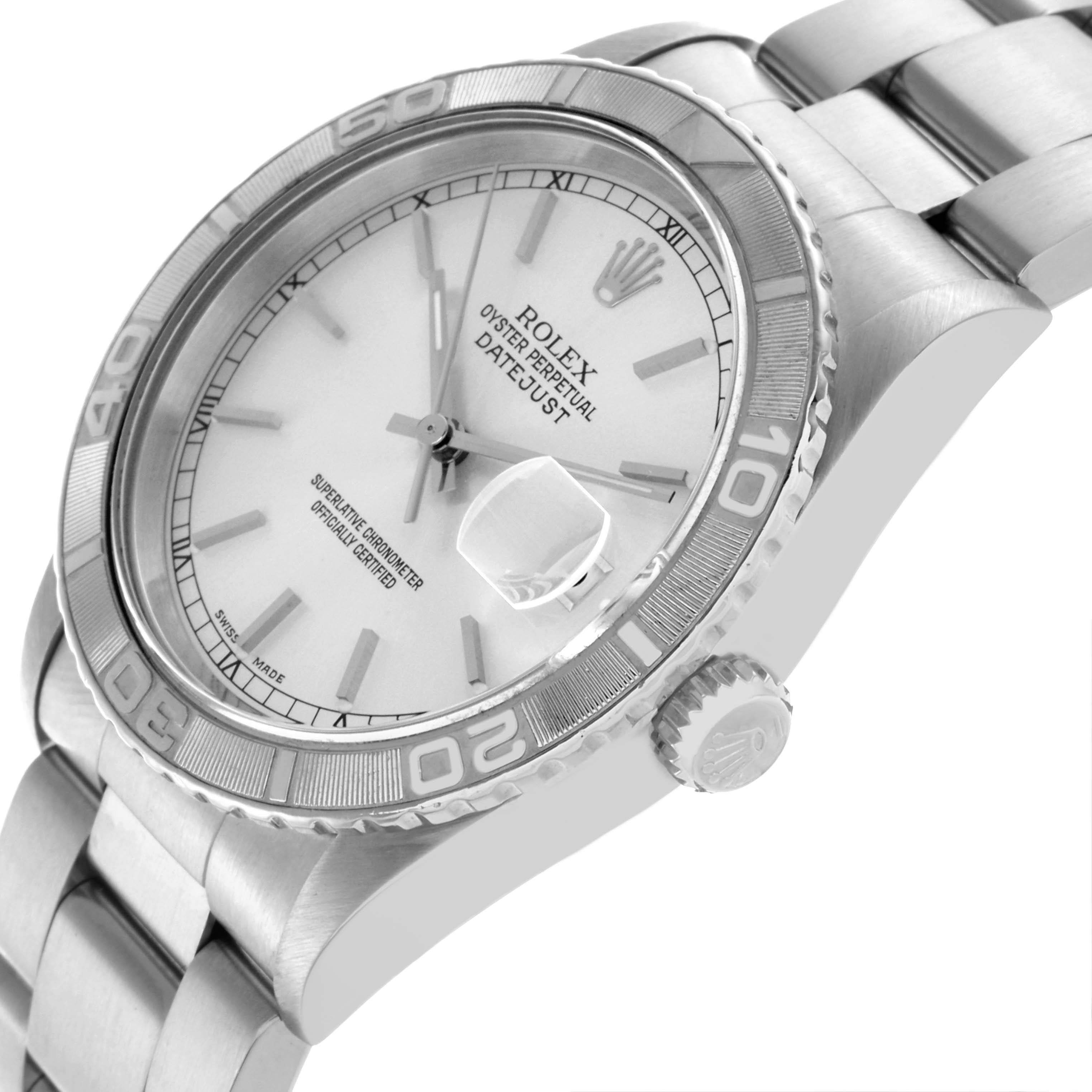 The Rolex Turn-o-Graph 16264 Men
s Stainless Steel Silver Dial 16264 Men
s Stainless Steel Silver Dial watch is shown at an angled side view, displaying the bezel, crown, and bracelet.