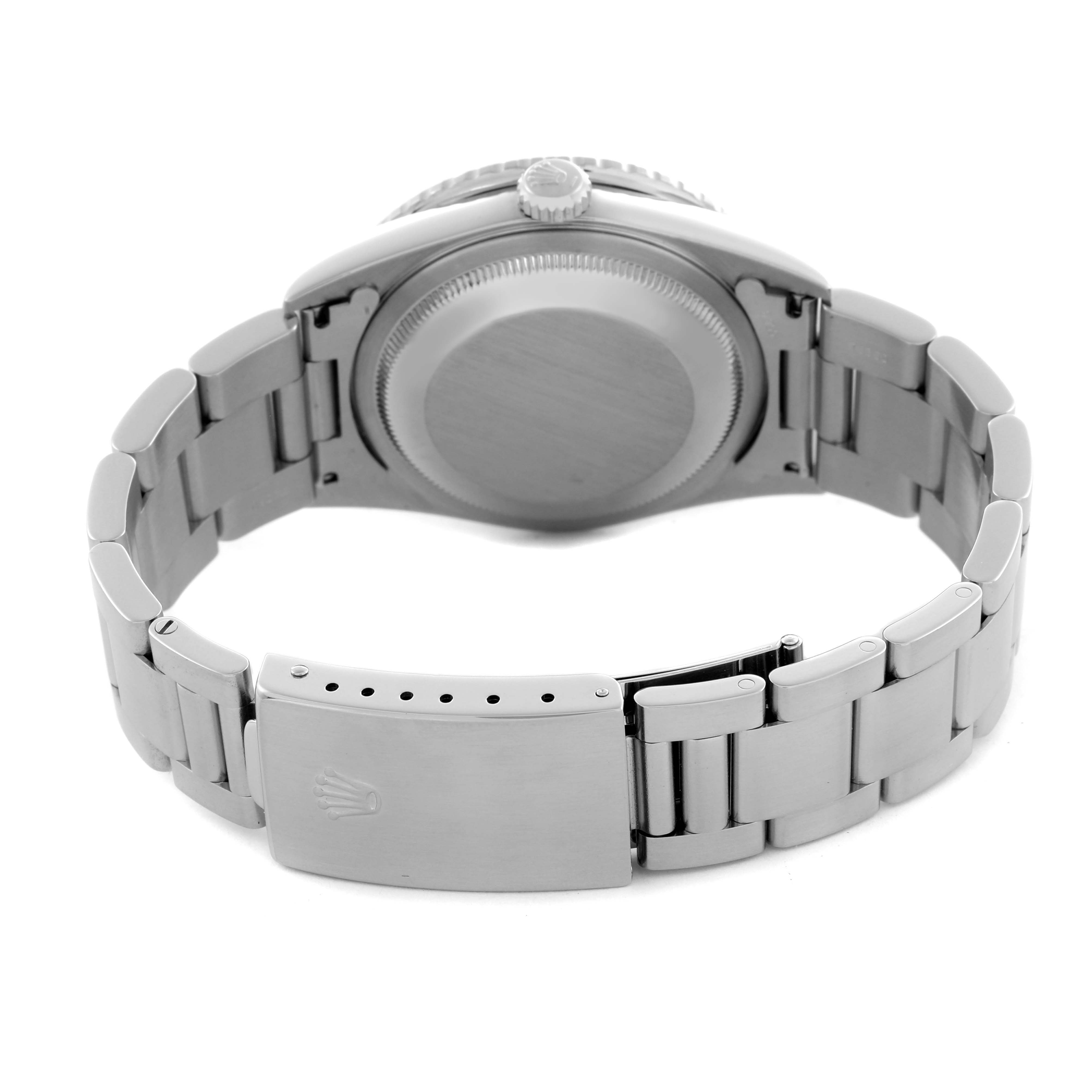 The image shows the back view of the Rolex Turn-o-Graph 16264 Men
s Stainless Steel Silver Dial 16264 Men
s Stainless Steel Silver Dial watch, featuring its case back, bracelet, and clasp.