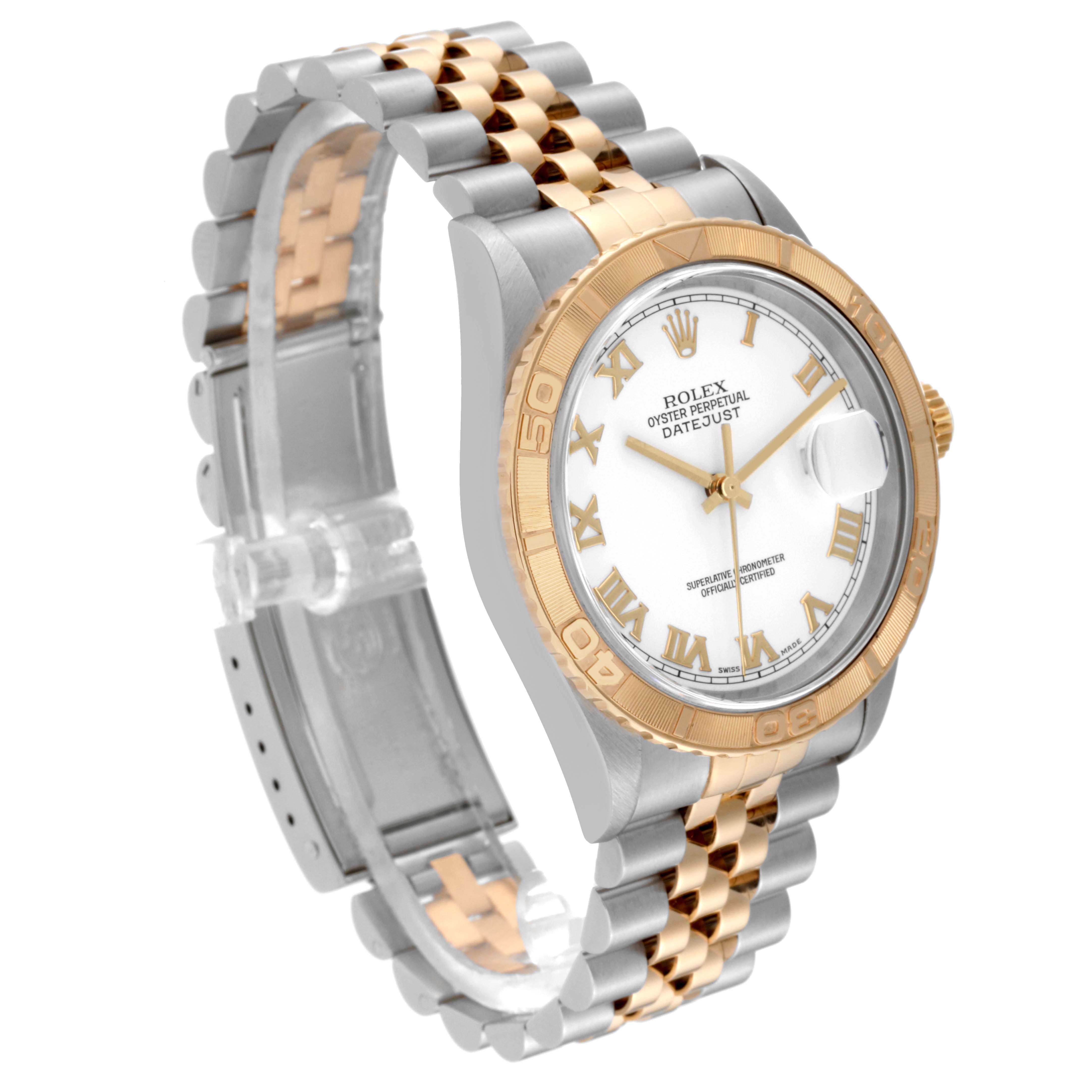 The Rolex Turn-o-Graph 16263 Men's Steel and Gold (two tone) White Dial 16263 Men's Steel and Gold (two tone) White Dial watch is shown at a slight angle, displaying its two-tone bracelet, gold bezel, and white dial with Roman numerals.