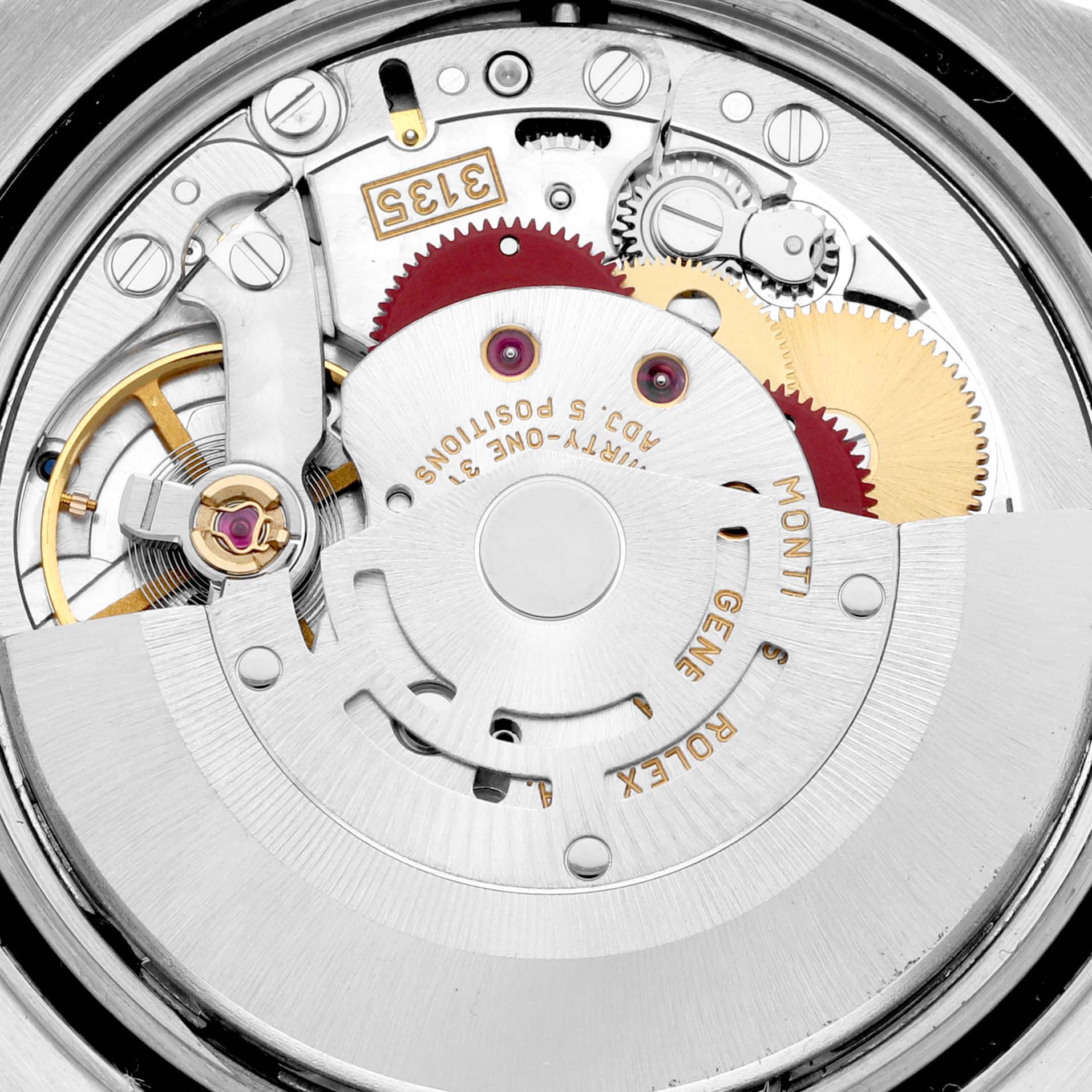 The image shows a close-up of the inner mechanical movement of the Rolex Turn-o-Graph 16263 Men's Steel and Gold (two tone) White Dial 16263 Men's Steel and Gold (two tone) White Dial watch model, highlighting gears and components.