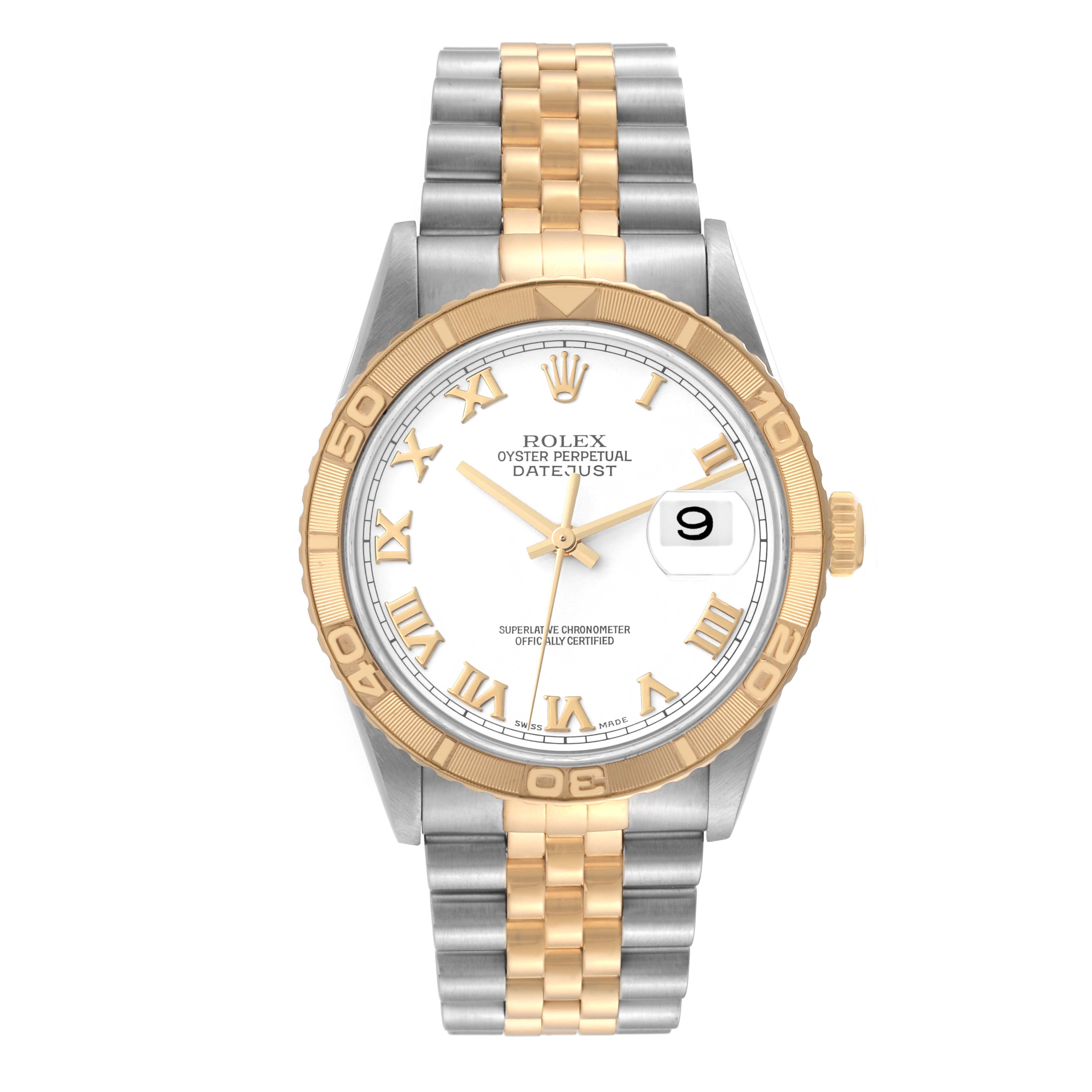 This image shows a front view of the Rolex Turn-o-Graph 16263 Men's Steel and Gold (two tone) White Dial 16263 Men's Steel and Gold (two tone) White Dial watch, featuring a two-tone bracelet and a white dial with gold Roman numerals.