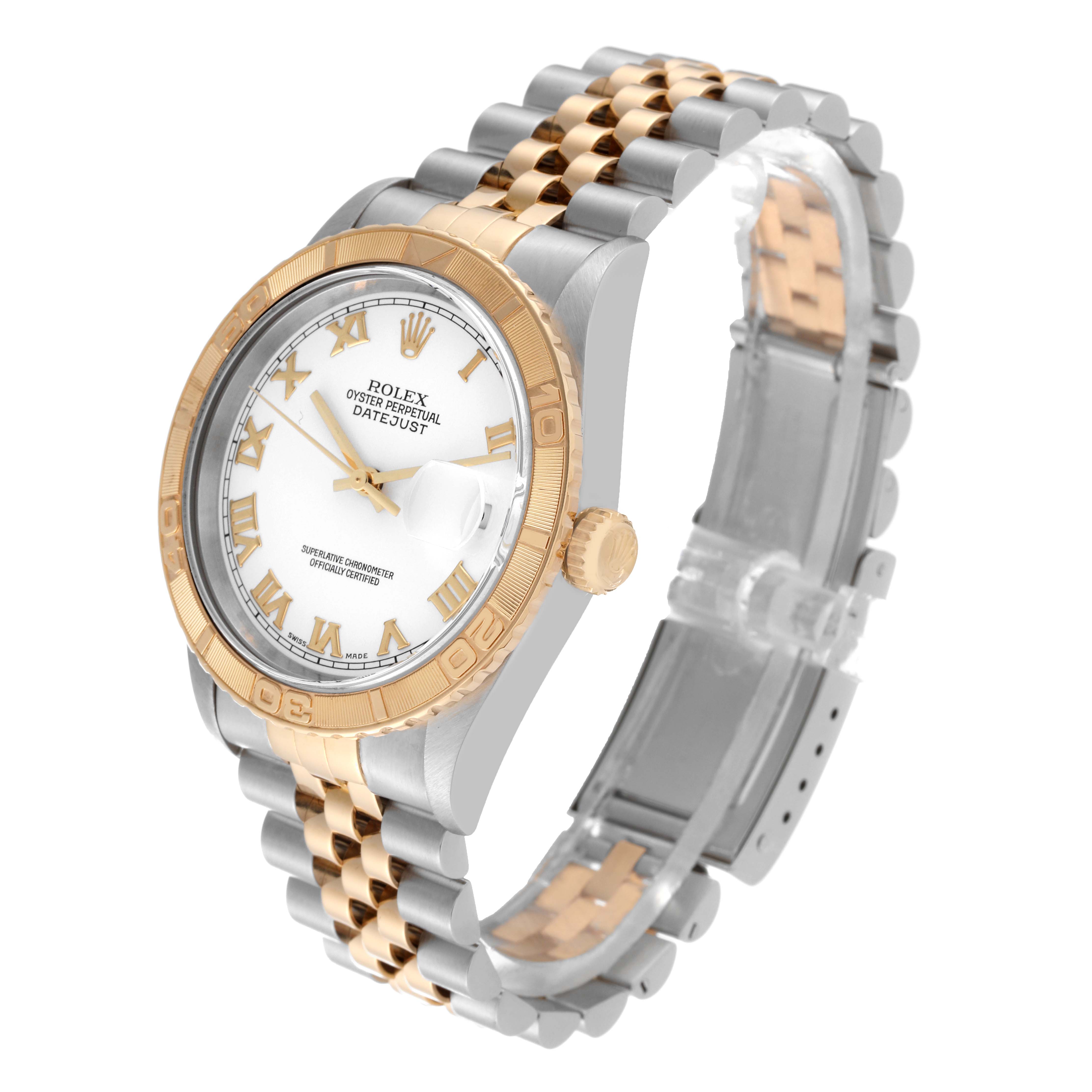 The Rolex Turn-o-Graph 16263 Men's Steel and Gold (two tone) White Dial 16263 Men's Steel and Gold (two tone) White Dial watch is shown at an angled view displaying the face, bezel, crown, and part of the bracelet.