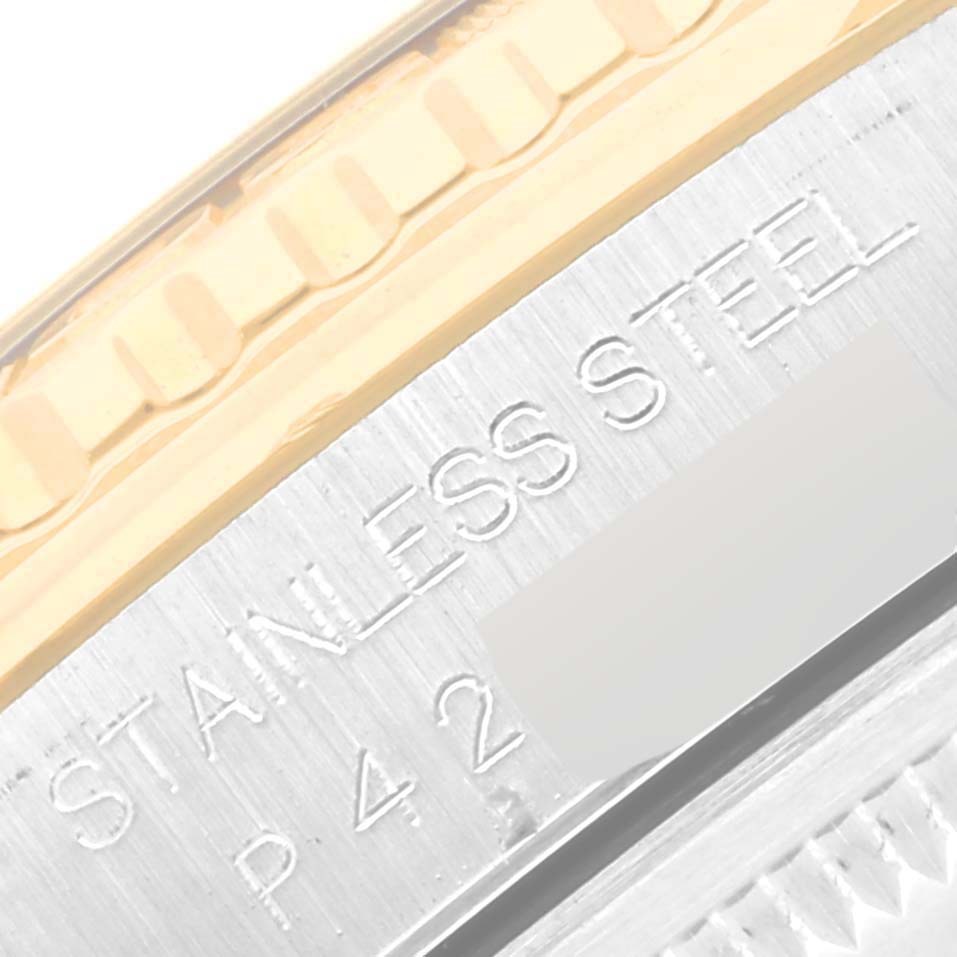 This close-up image shows the stainless steel case and partial bezel of a Rolex Turn-o-Graph 16263 Men's Steel and Gold (two tone) White Dial 16263 Men's Steel and Gold (two tone) White Dial watch.