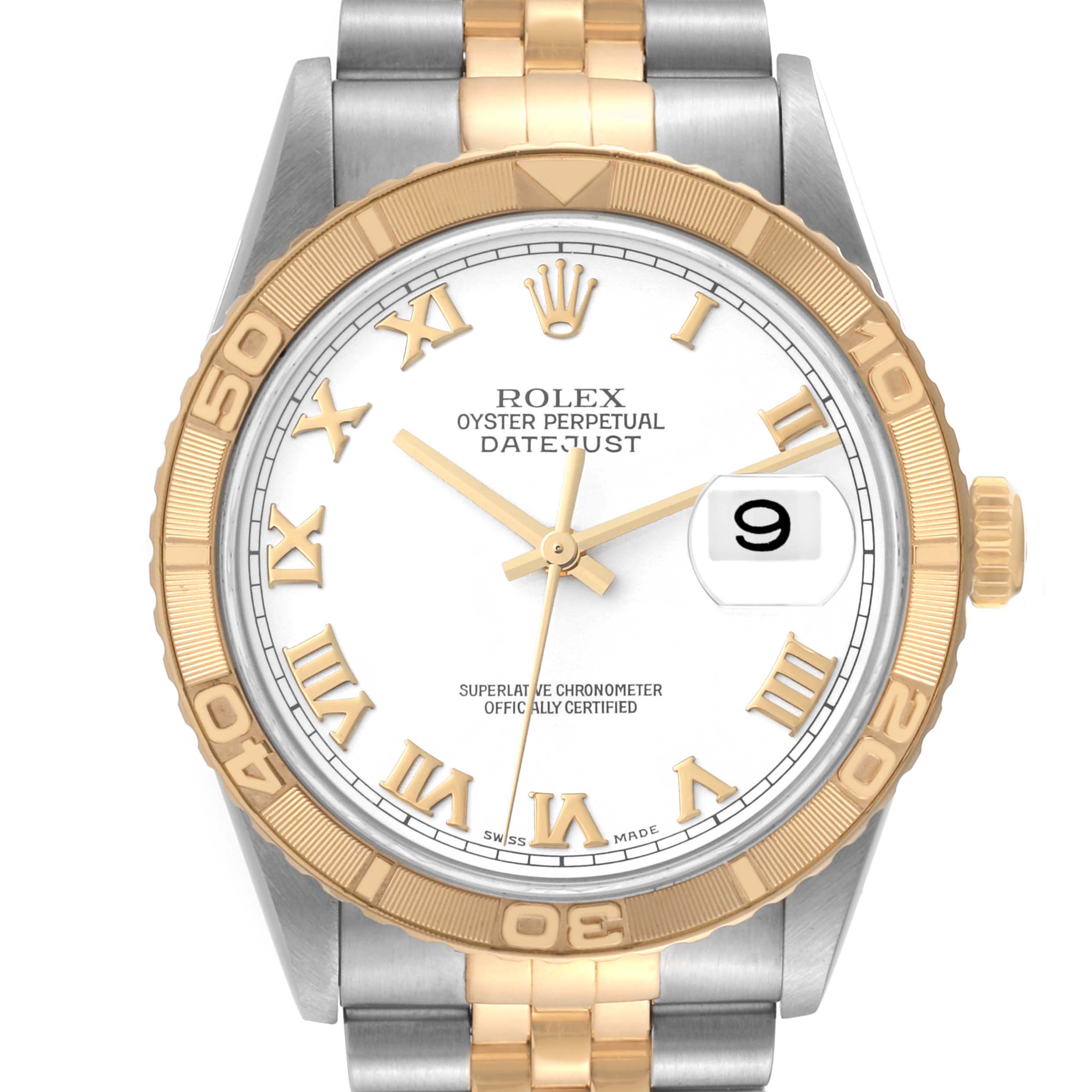 The image shows a front view of the Rolex Turn-o-Graph 16263 Men's Steel and Gold (two tone) White Dial 16263 Men's Steel and Gold (two tone) White Dial watch, highlighting its bezel, dial, bracelet, and crown.