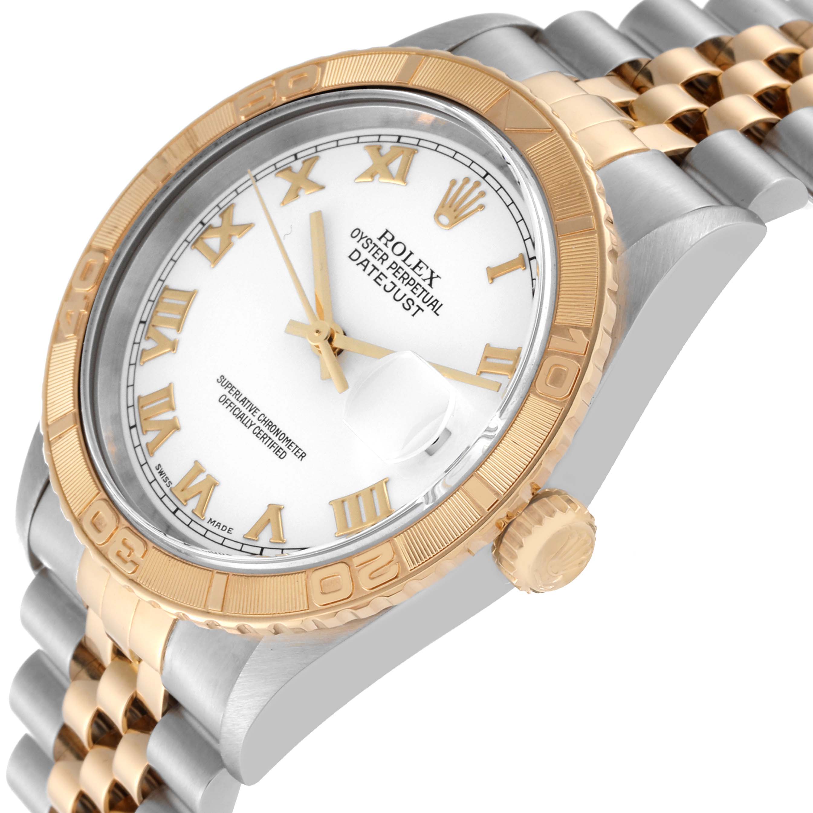 The image shows an angled view of the Rolex Turn-o-Graph 16263 Men's Steel and Gold (two tone) White Dial 16263 Men's Steel and Gold (two tone) White Dial watch, highlighting the bezel, crown, face, hands, and partially the bracelet.