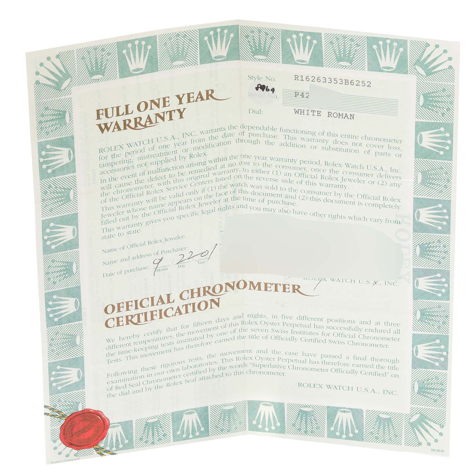 The image shows the official warranty and chronometer certification for a Rolex Turn-o-Graph 16263 Men's Steel and Gold (two tone) White Dial 16263 Men's Steel and Gold (two tone) White Dial model, including style, serial and dial details.