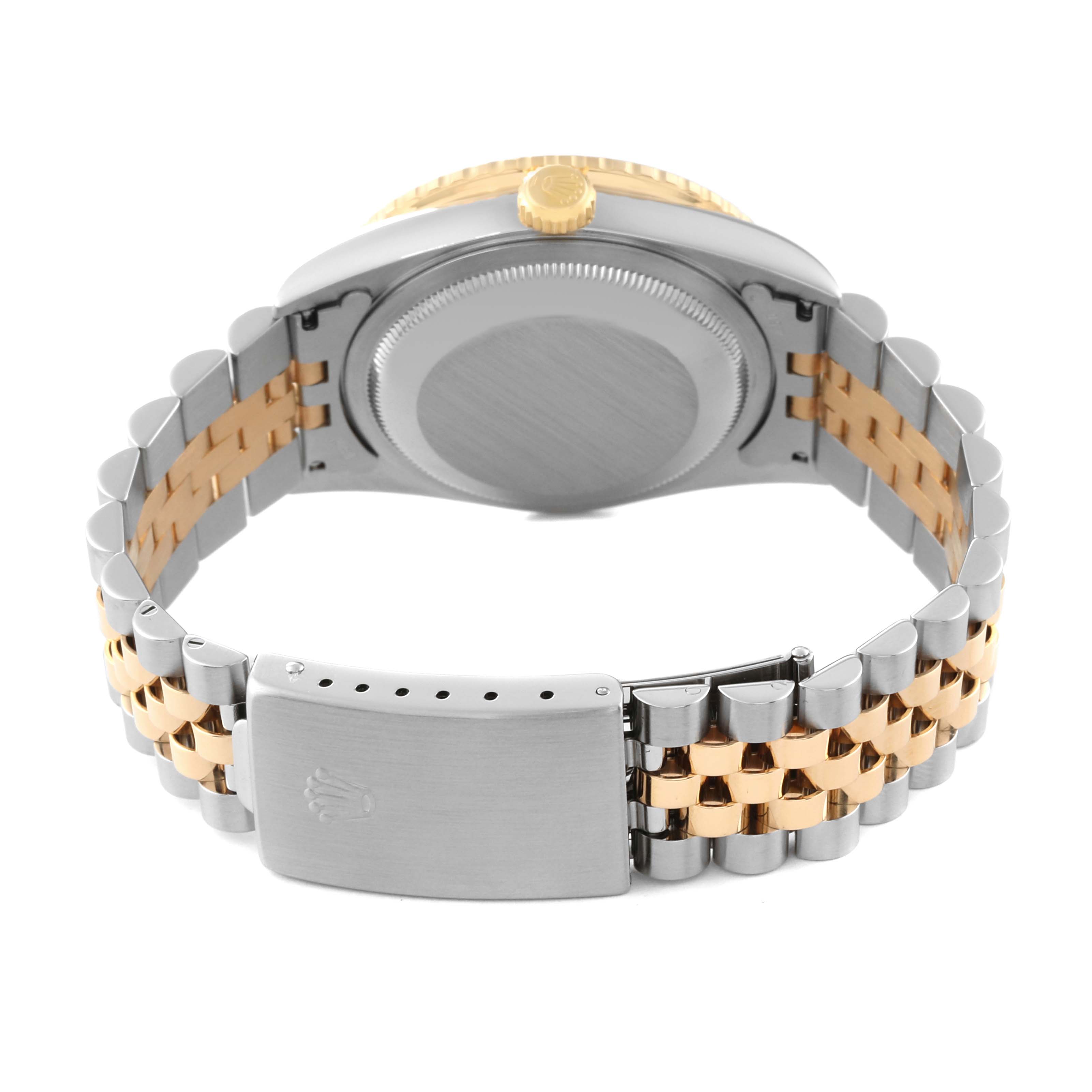 This image shows the back view of a Rolex Turn-o-Graph 16263 Men's Steel and Gold (two tone) White Dial 16263 Men's Steel and Gold (two tone) White Dial watch, displaying its case back, crown, and two-tone metal bracelet.
