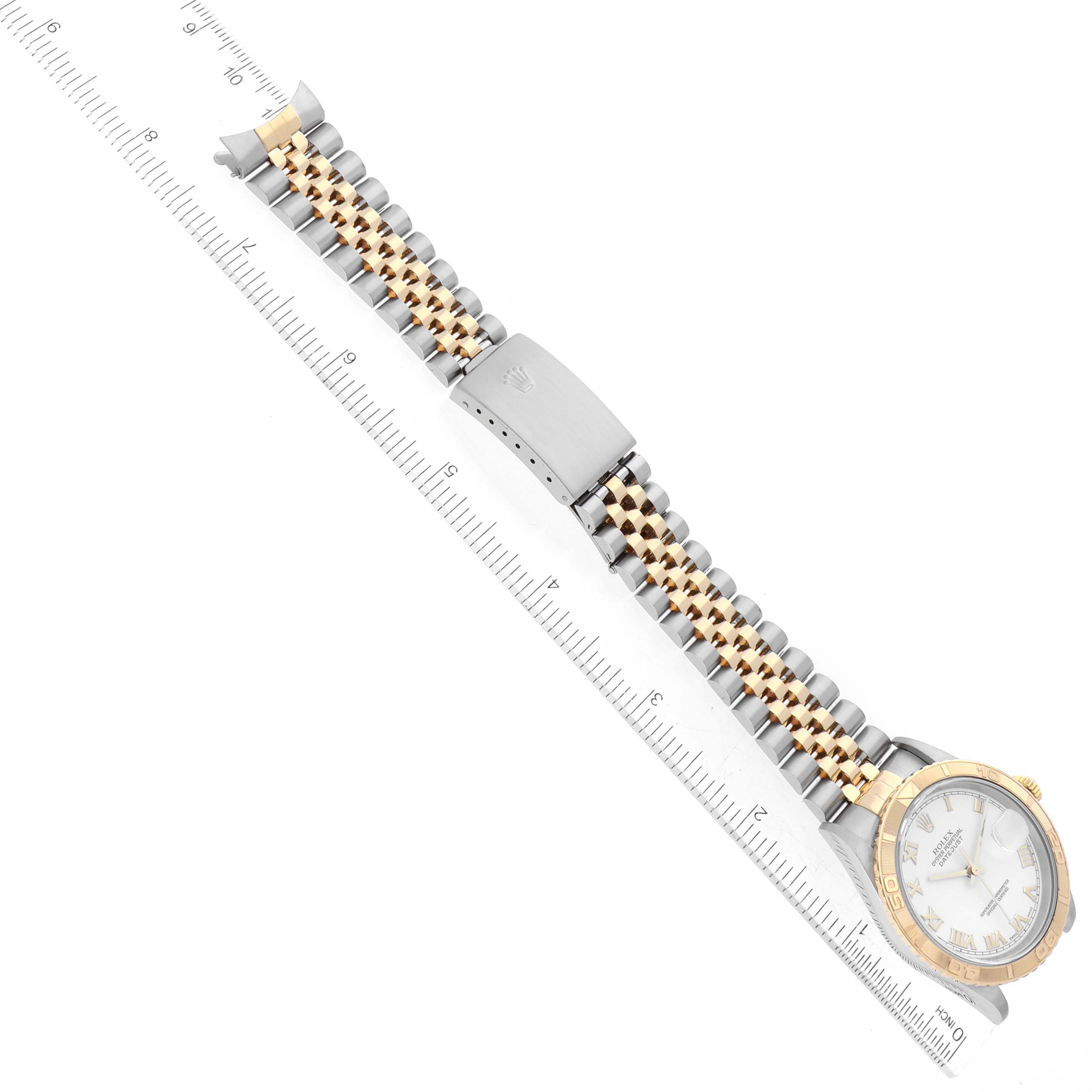 The image shows a top-down view of a Rolex Turn-o-Graph 16263 Men's Steel and Gold (two tone) White Dial 16263 Men's Steel and Gold (two tone) White Dial watch, including the dial, bezel, and bracelet.