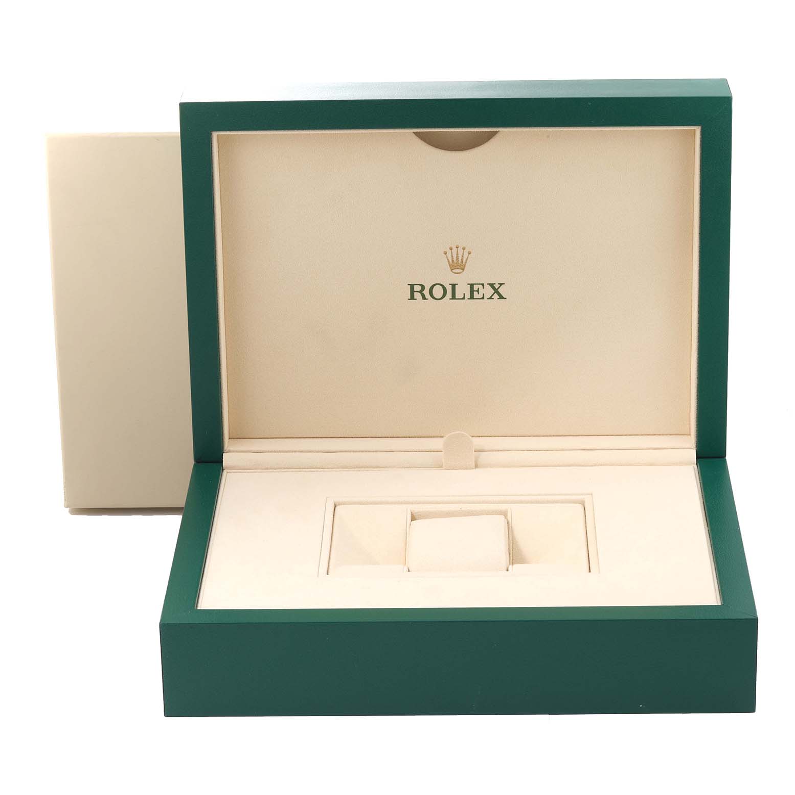This image shows an open Rolex watch box for the Pearlmaster model, displaying the interior compartments.