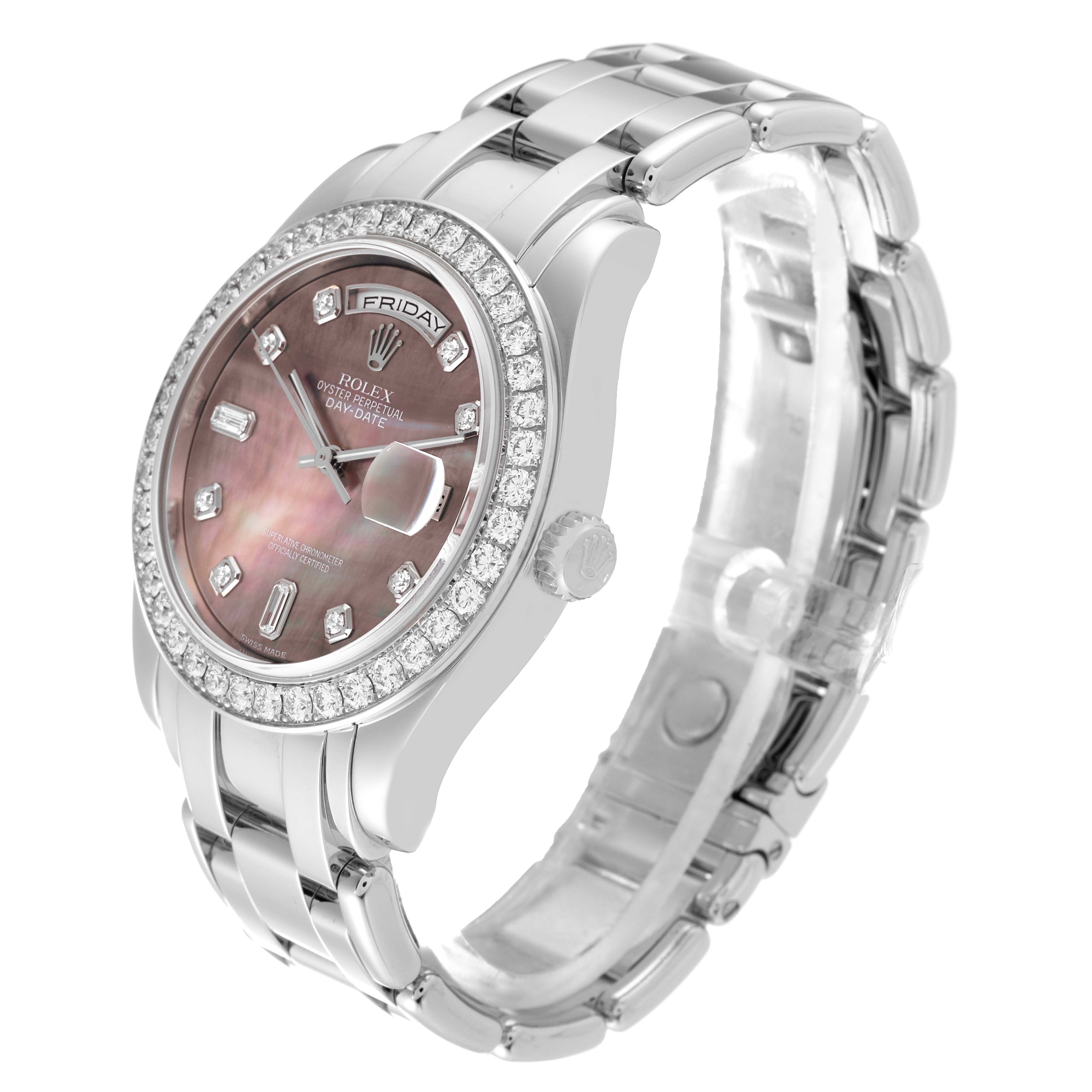 The image shows the Rolex Pearlmaster 18946 Men's Platinum Mother of Pearl Dial 18946 Men's Platinum Mother of Pearl Dial watch at an angle that highlights the face, bezel, and bracelet.
