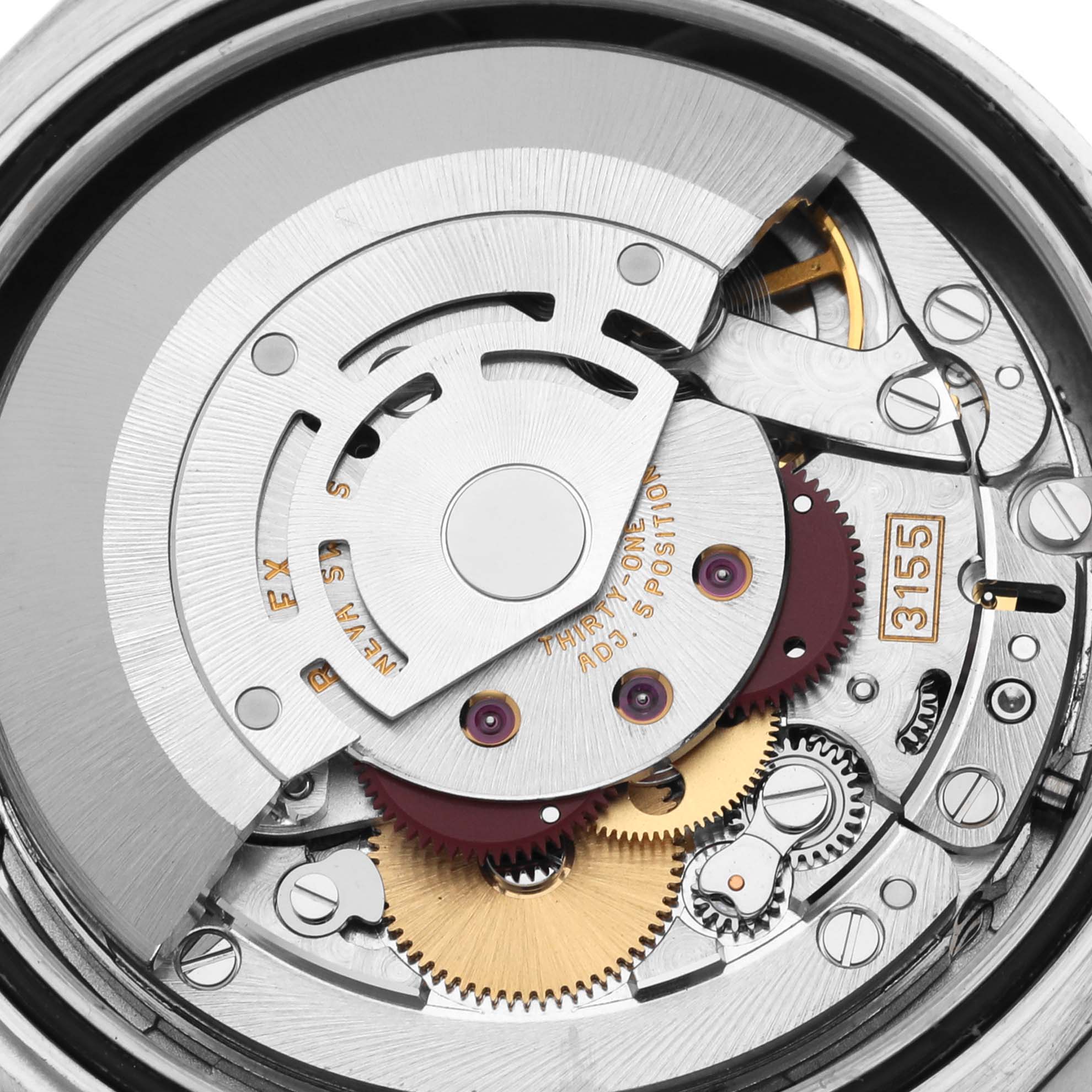 This is a close-up view of the internal mechanism of a Rolex Pearlmaster 18946 Men's Platinum Mother of Pearl Dial 18946 Men's Platinum Mother of Pearl Dial watch, showcasing gears and movement parts.