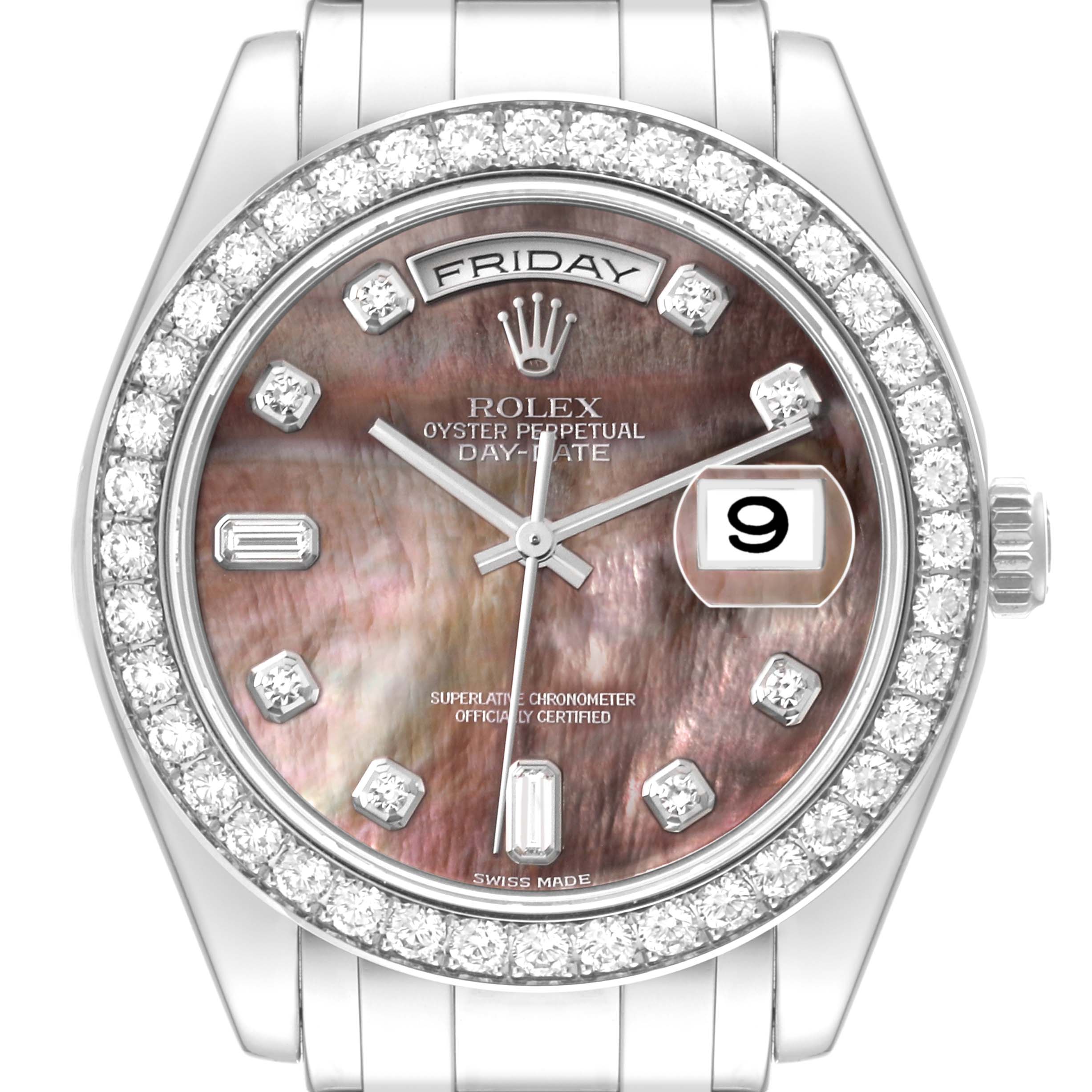 The image shows a Rolex Pearlmaster 18946 Men's Platinum Mother of Pearl Dial 18946 Men's Platinum Mother of Pearl Dial watch face with a diamond bezel, day and date windows, and metallic hands.