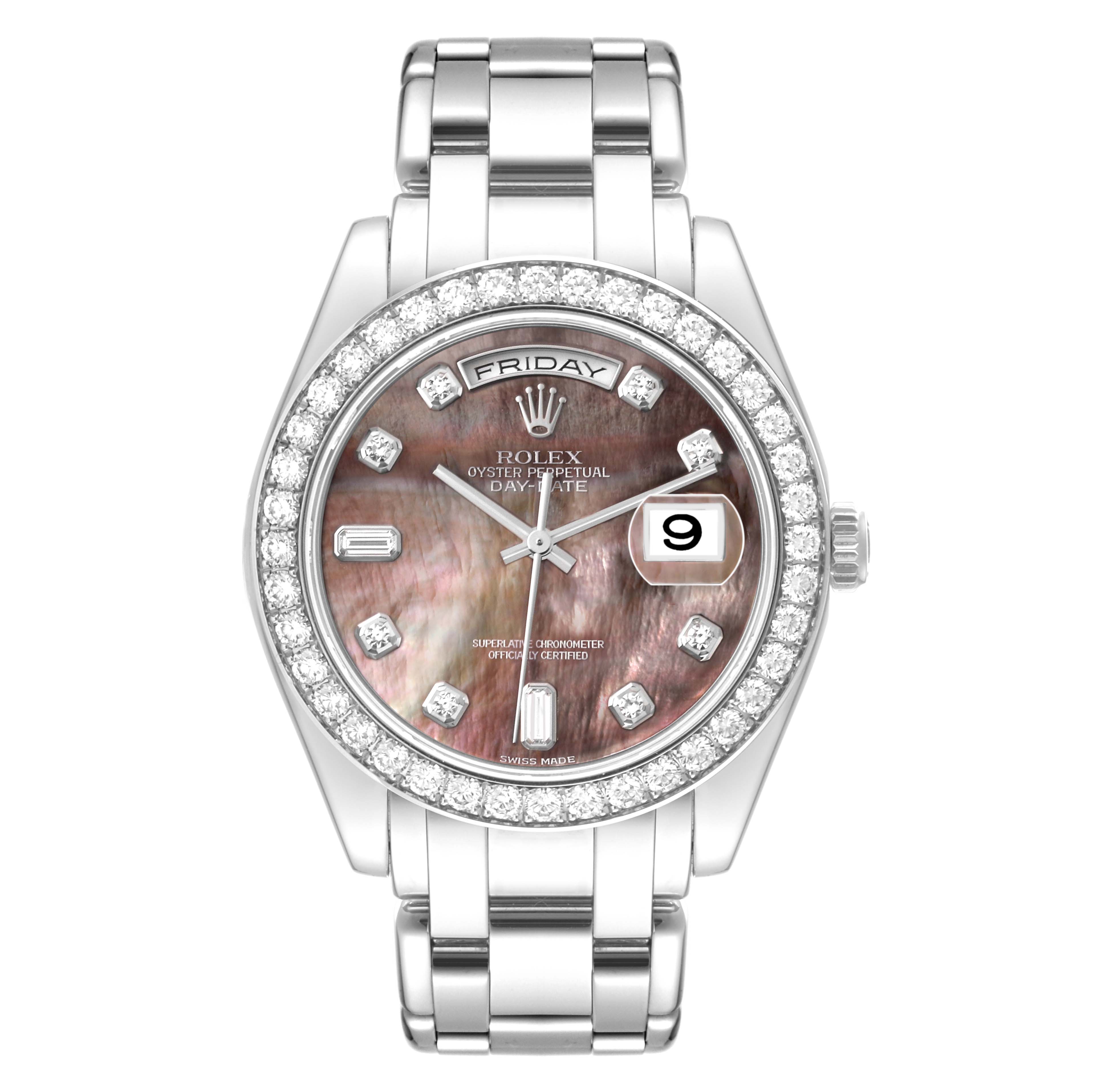 The image shows a front view of the Rolex Pearlmaster 18946 Men's Platinum Mother of Pearl Dial 18946 Men's Platinum Mother of Pearl Dial watch, highlighting its dial, bezel, bracelet, and day-date display.