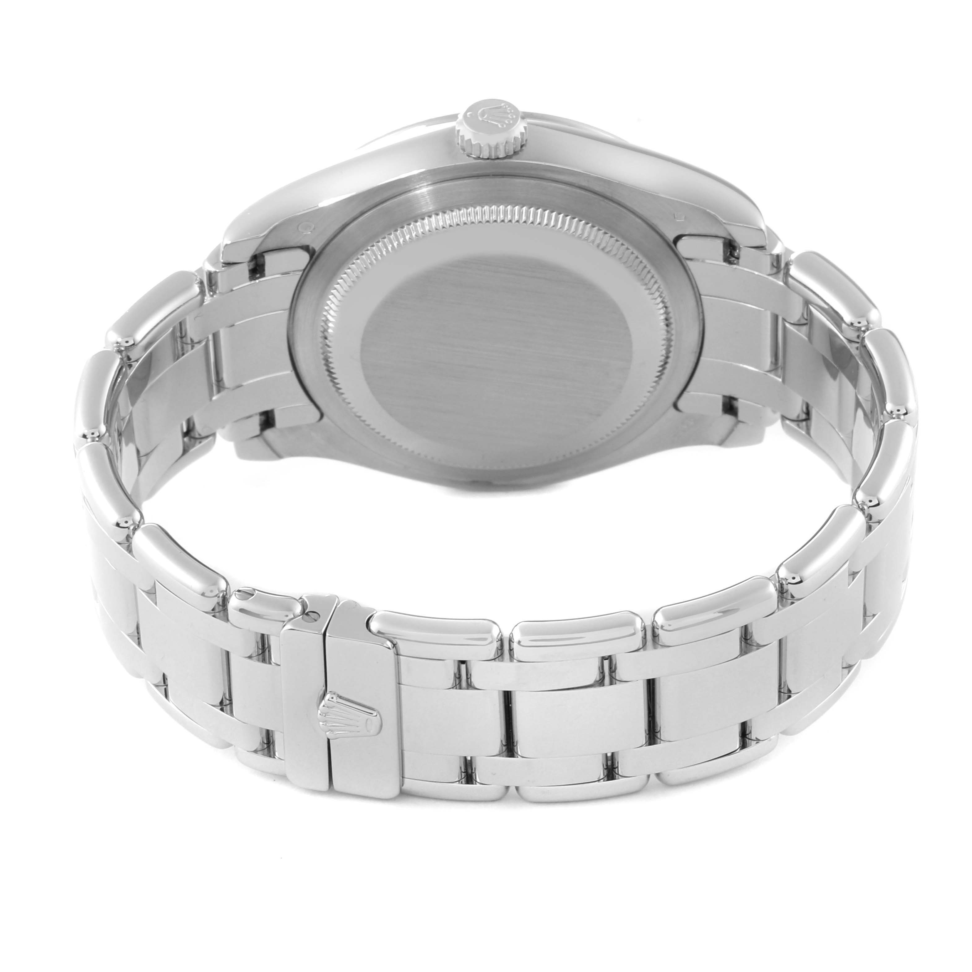 The image shows the back view of a Rolex Pearlmaster 18946 Men's Platinum Mother of Pearl Dial 18946 Men's Platinum Mother of Pearl Dial watch, highlighting its case back and part of the bracelet.