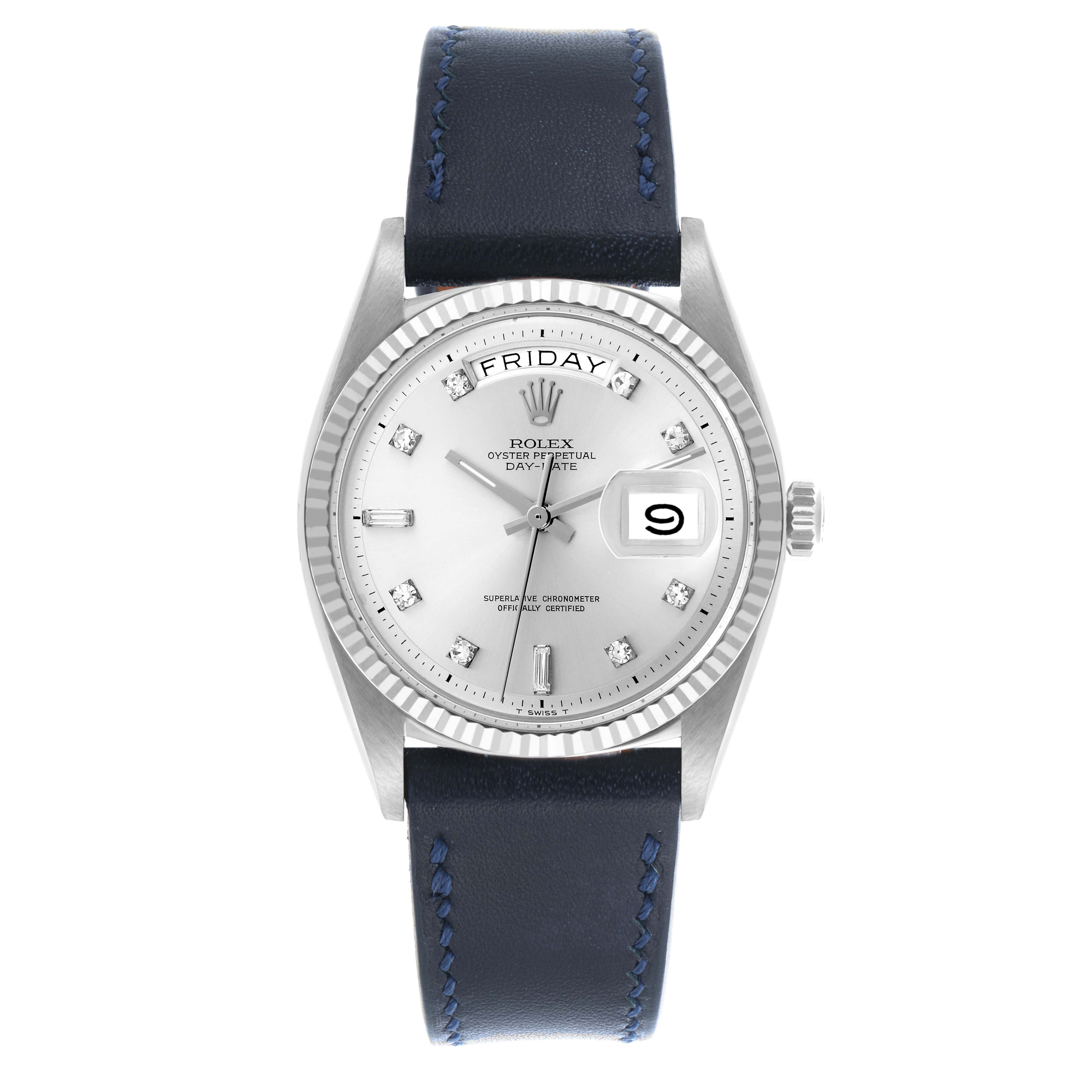 The Rolex President 1803 Men's White Gold Silver Dial 1803 Men's White Gold Silver Dial watch is shown from the front, displaying the dial, bezel, and leather strap.