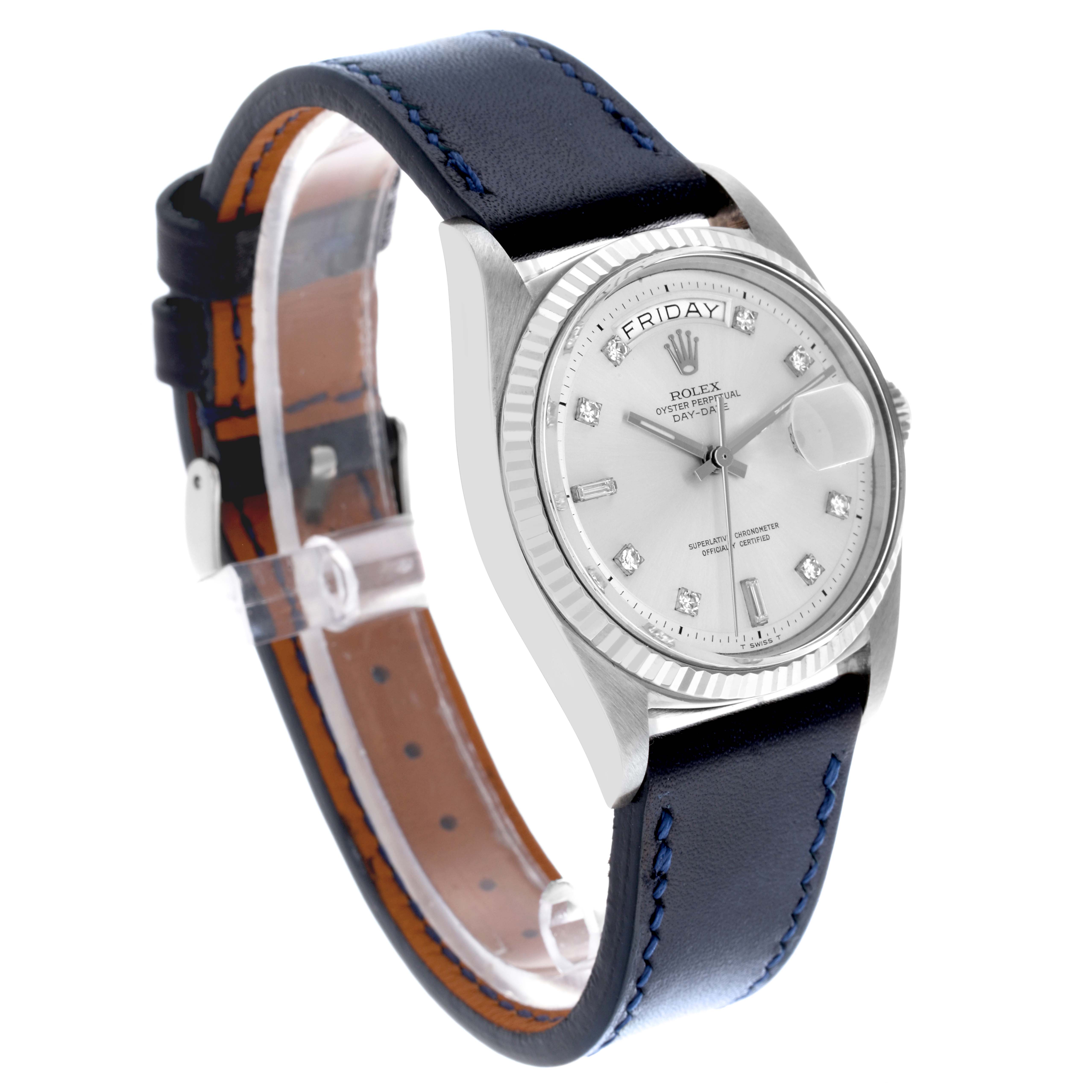 The Rolex President 1803 Men's White Gold Silver Dial 1803 Men's White Gold Silver Dial watch is shown at a three-quarter angle, highlighting the face, bezel, and leather strap.