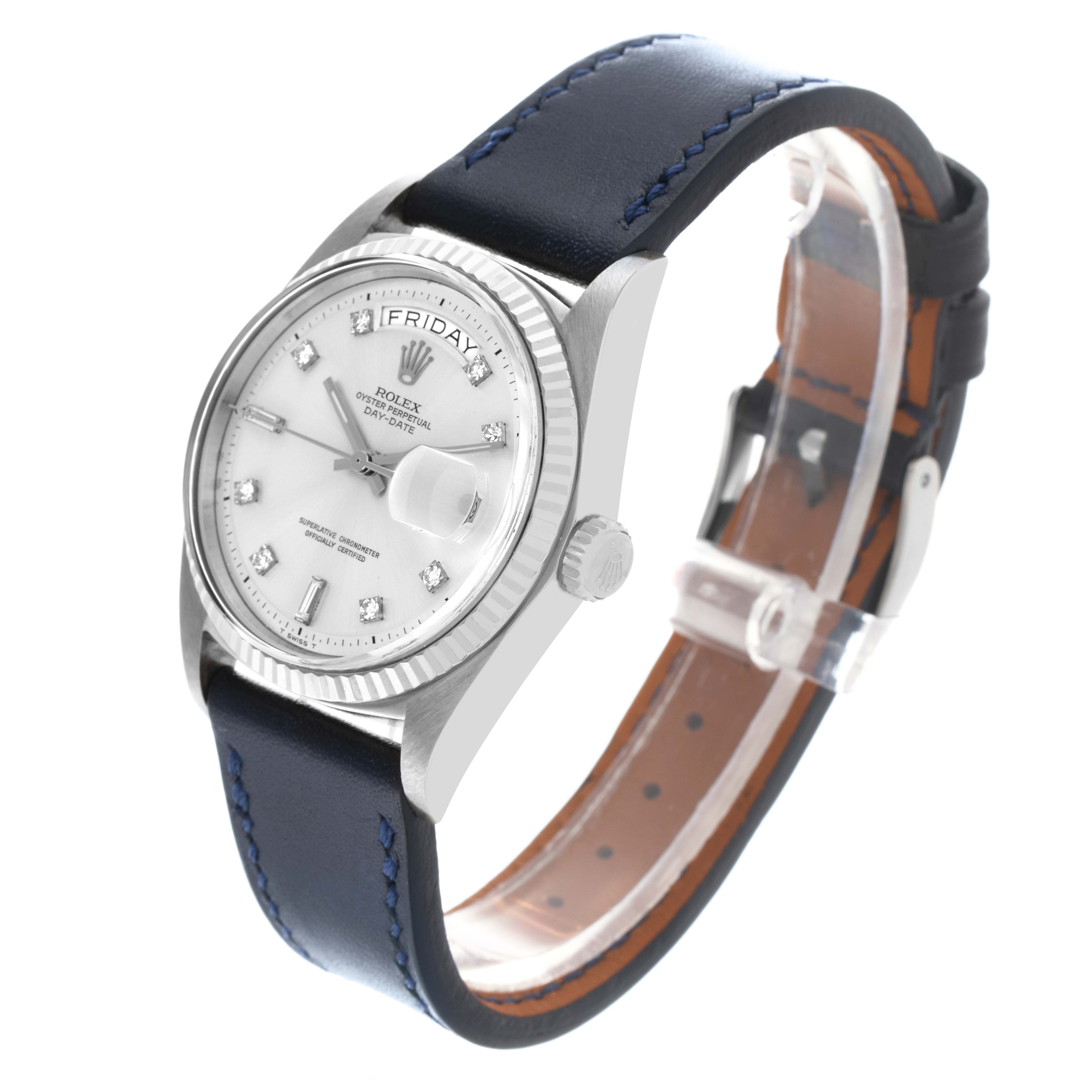 The Rolex President 1803 Men's White Gold Silver Dial 1803 Men's White Gold Silver Dial watch is shown at a front angle, highlighting the dial, bezel, and leather strap.