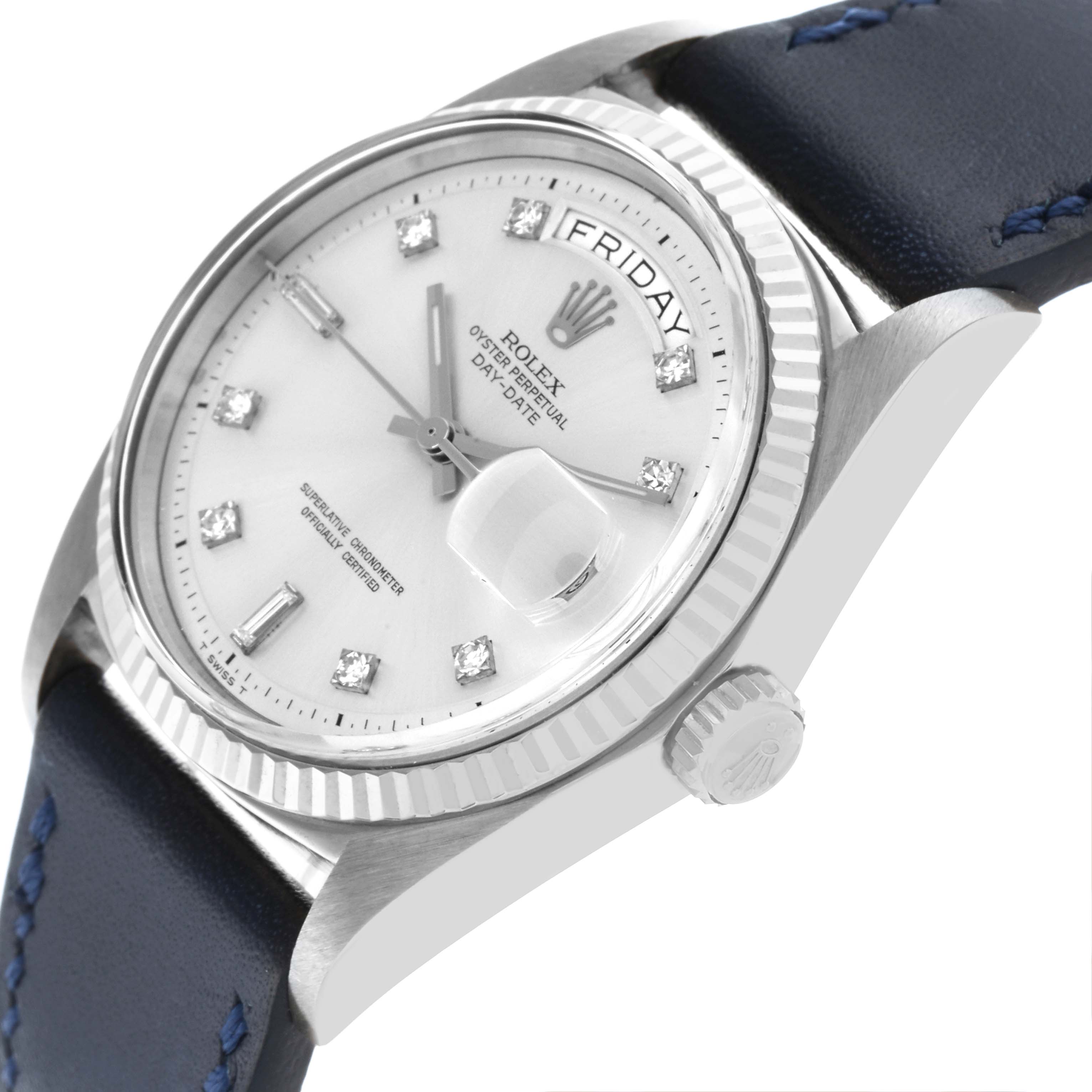 The image shows a close-up angle of the Rolex President 1803 Men's White Gold Silver Dial 1803 Men's White Gold Silver Dial model, highlighting the dial, crystal with magnifier, crown, and upper case.