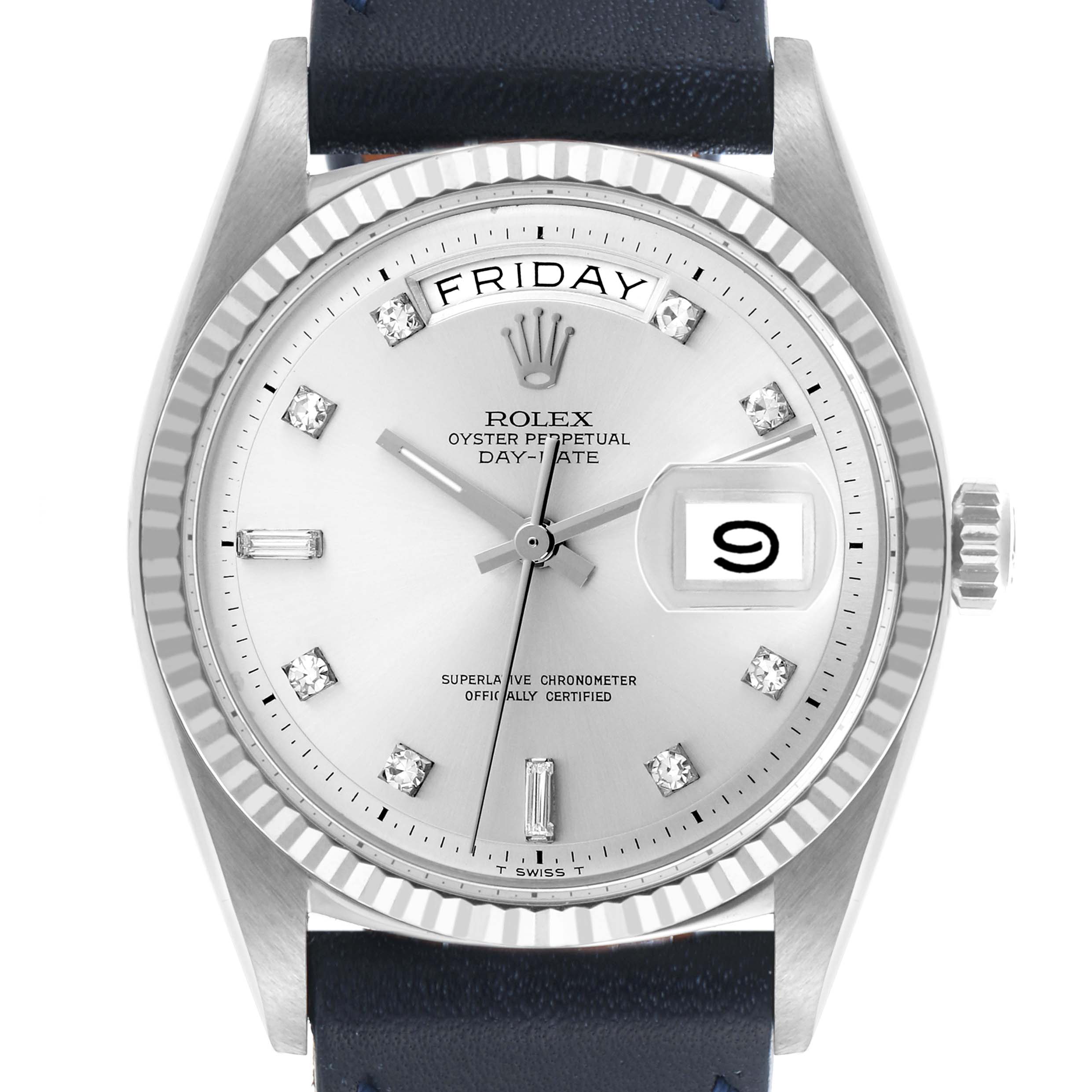The Rolex President 1803 Men's White Gold Silver Dial 1803 Men's White Gold Silver Dial model watch is shown from a front angle, highlighting the face, bezel, and part of the strap.