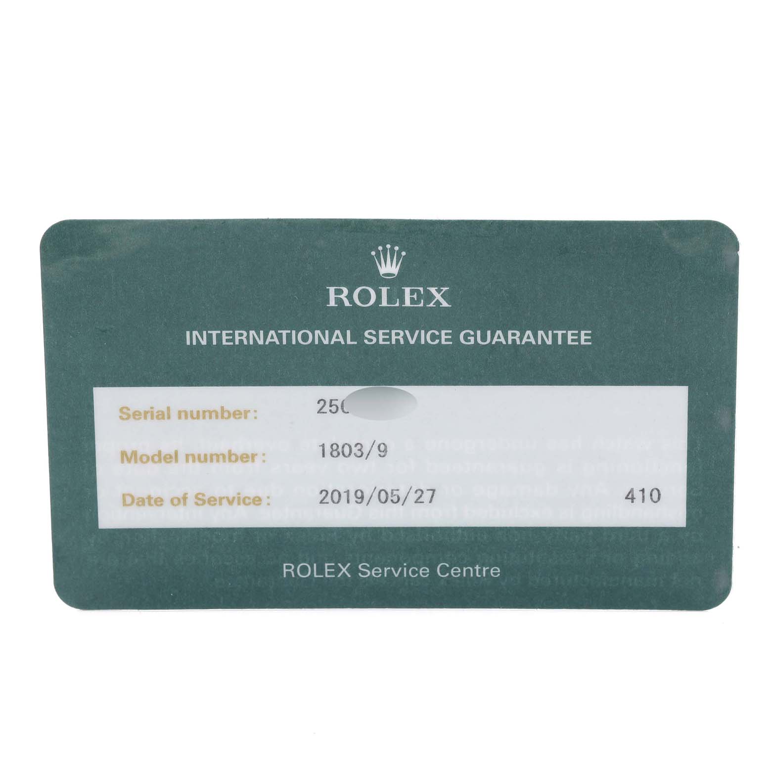 The image shows an International Service Guarantee card for a Rolex President 1803 Men's White Gold Silver Dial 1803 Men's White Gold Silver Dial model, displaying serial and model numbers.