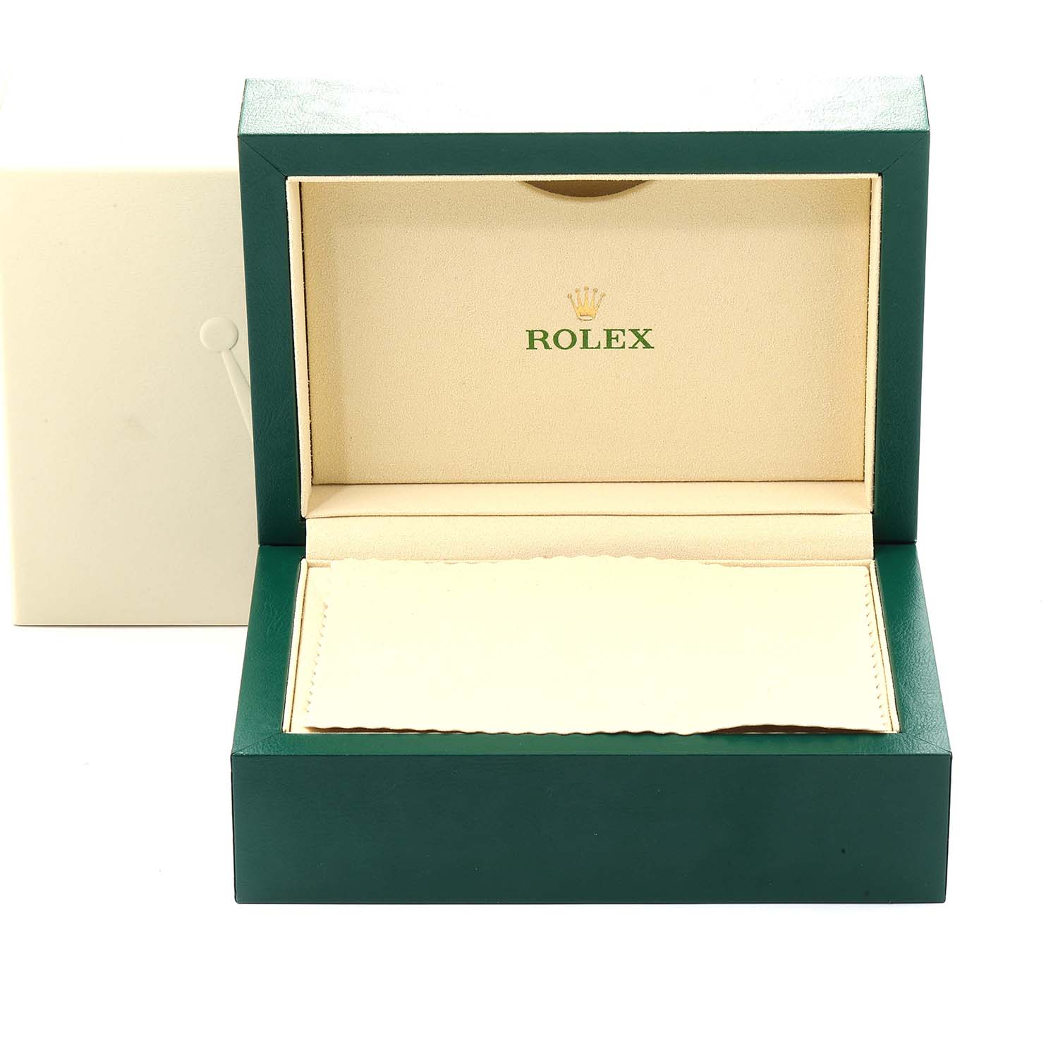 The image shows a Rolex Daytona 116520 Men's Stainless Steel Black Dial 116520 Men's Stainless Steel Black Dial watch box, open, displaying the interior with a beige cushion and the ROLEX logo.