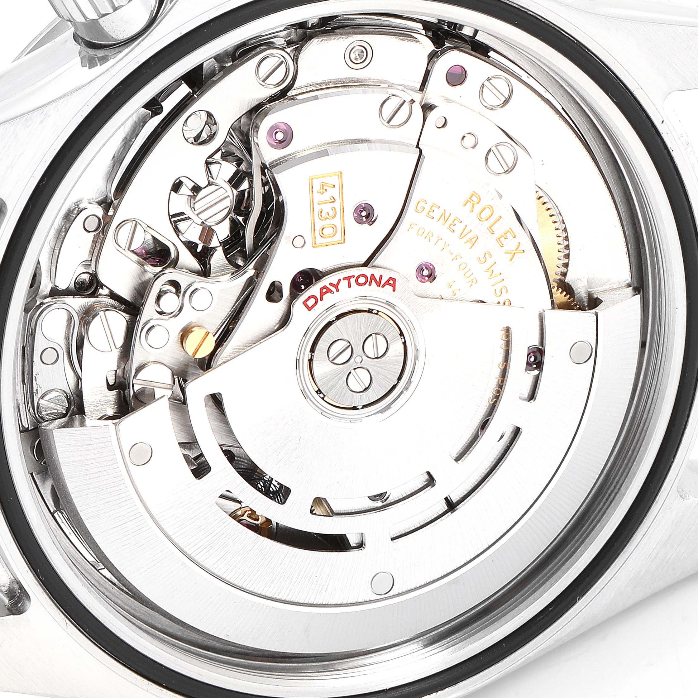 This is a close-up view of the movement mechanism of a Rolex Daytona 116520 Men's Stainless Steel Black Dial 116520 Men's Stainless Steel Black Dial watch.