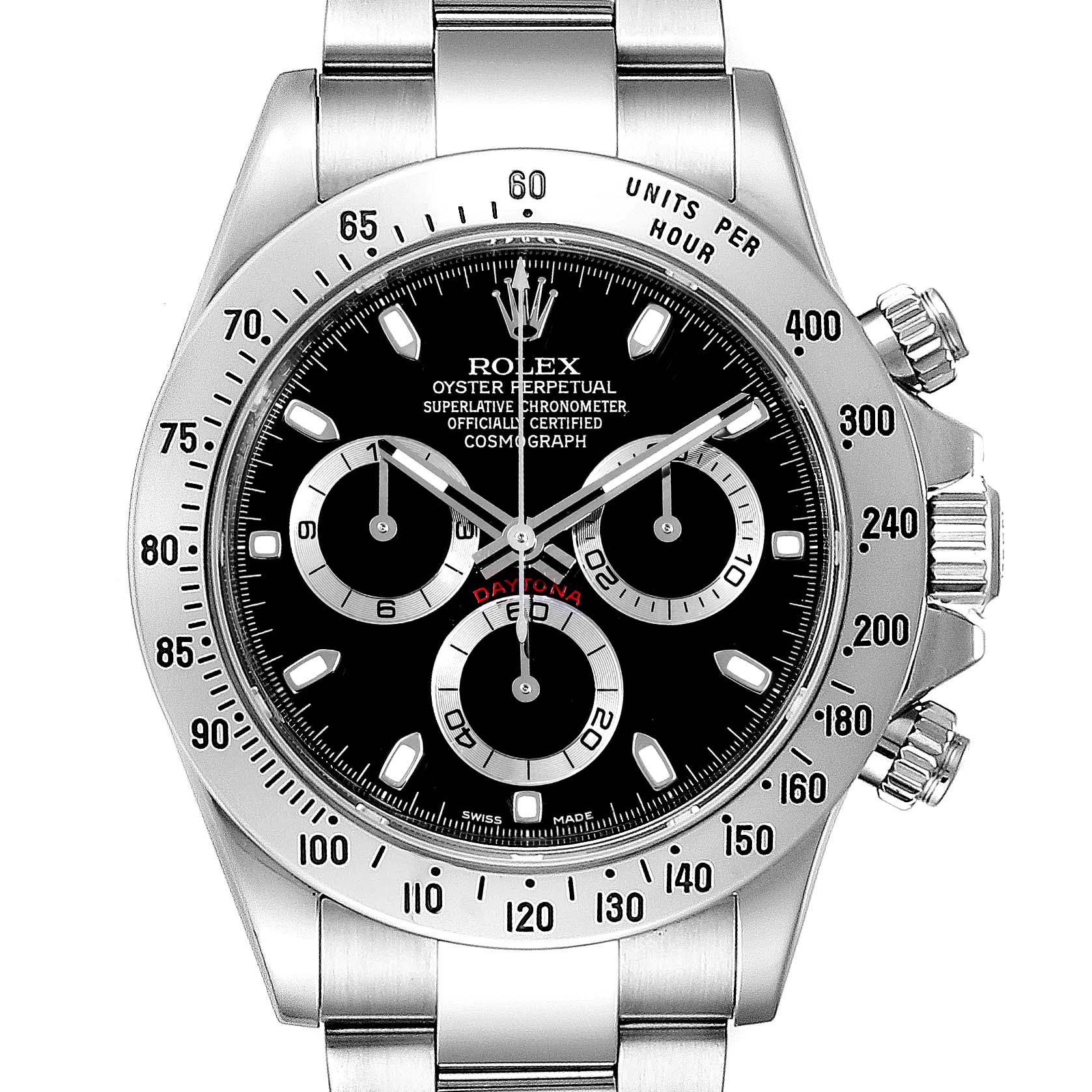 This image shows a Rolex Daytona 116520 Men's Stainless Steel Black Dial 116520 Men's Stainless Steel Black Dial watch with a black dial and stainless steel casing and strap from a frontal angle.