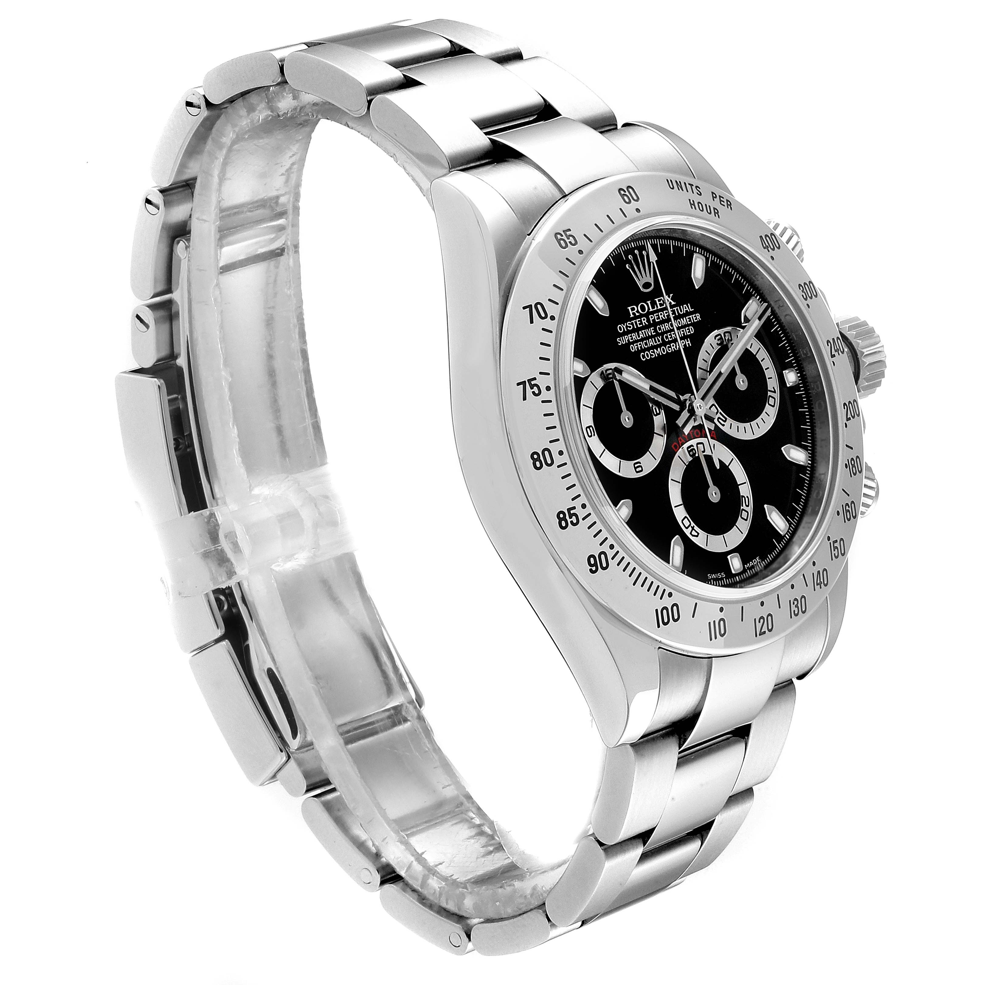 The Rolex Daytona 116520 Men's Stainless Steel Black Dial 116520 Men's Stainless Steel Black Dial watch is shown at a side angle, featuring its stainless steel bracelet, bezel, and black dial with sub-dials.
