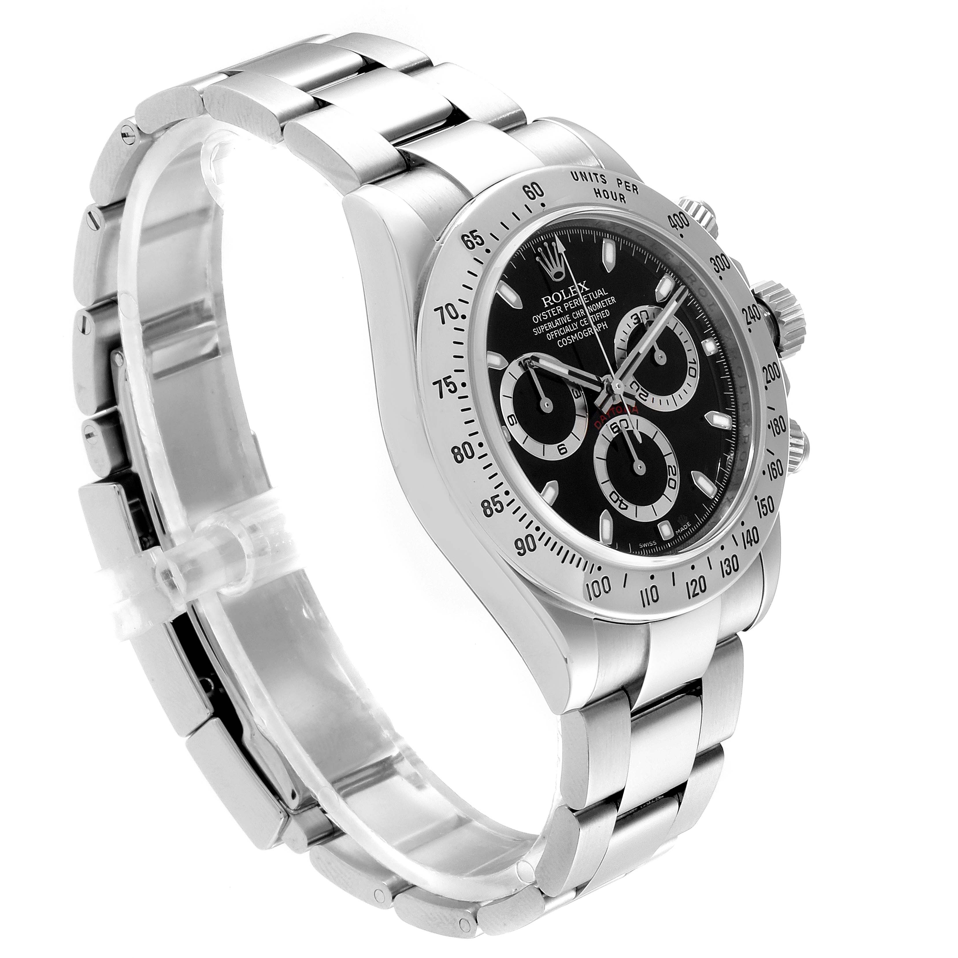 The image shows a Rolex Daytona 116520 Men's Stainless Steel Black Dial 116520 Men's Stainless Steel Black Dial watch viewed at a slight angle, highlighting the dial, bezel, and bracelet.