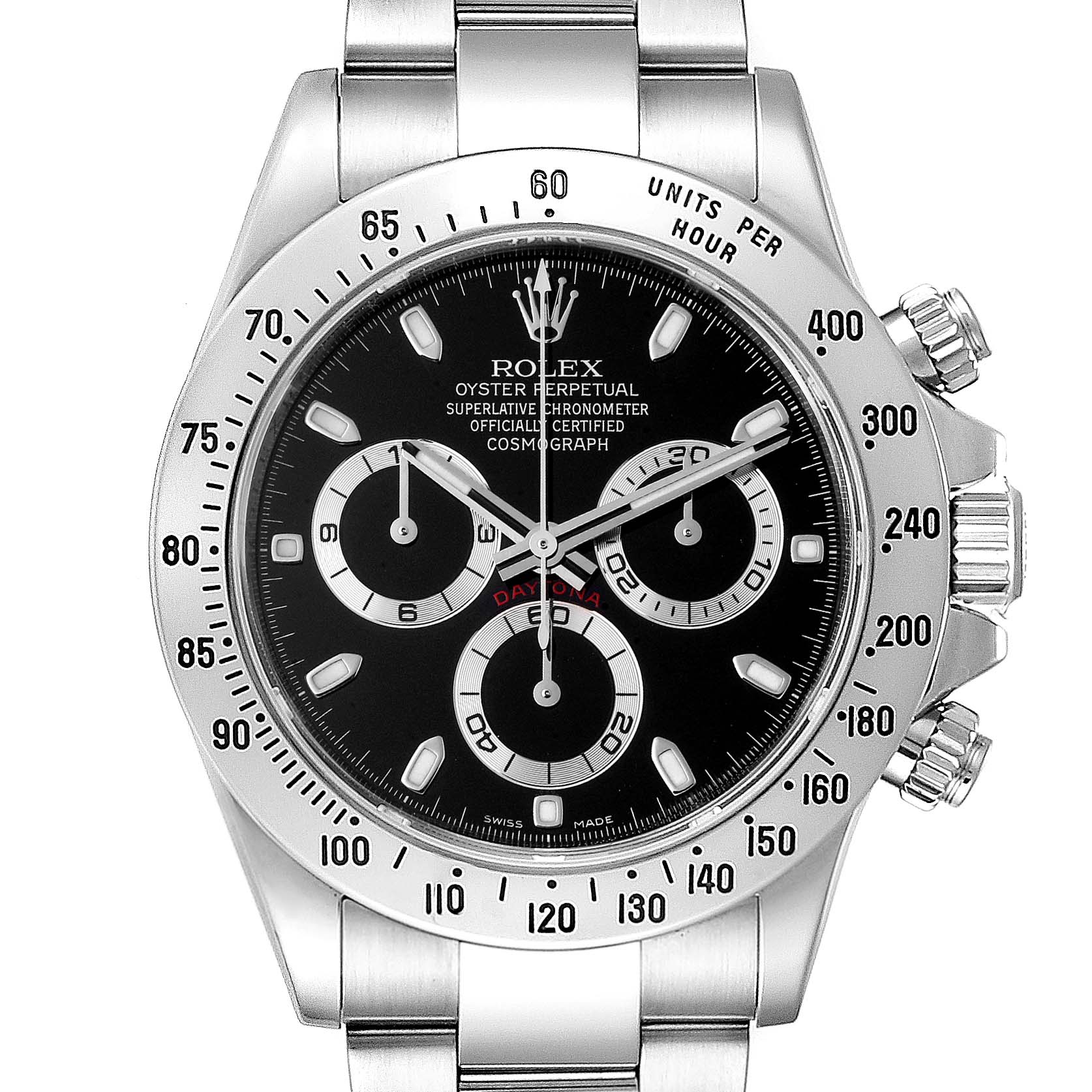 The image shows a front view of a Rolex Daytona 116520 Men's Stainless Steel Black Dial 116520 Men's Stainless Steel Black Dial watch, highlighting its black dial, chronograph subdials, and stainless steel bracelet.