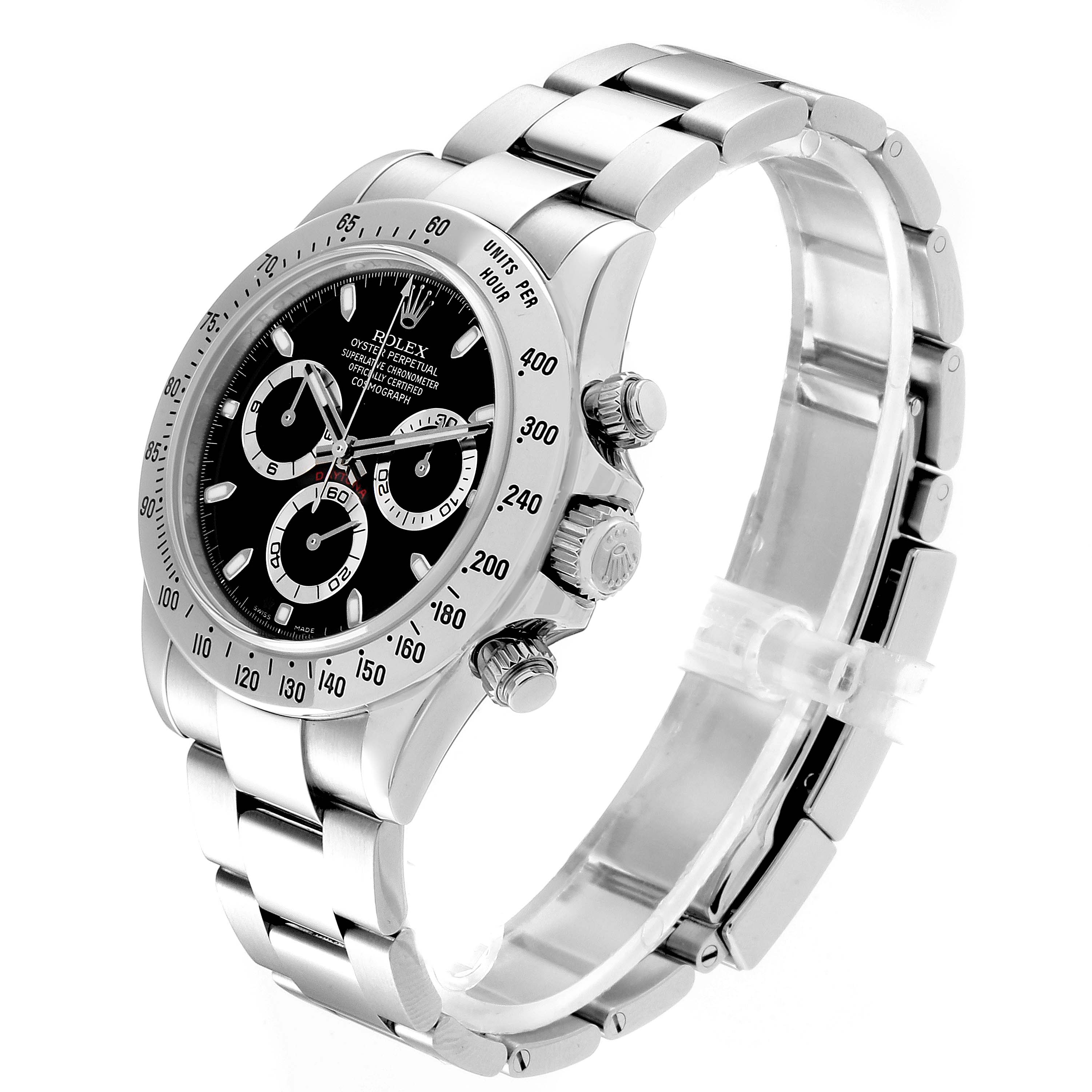 The image shows a side angle of a Rolex Daytona 116520 Men's Stainless Steel Black Dial 116520 Men's Stainless Steel Black Dial watch, highlighting the dial, bezel, crown, and bracelet.