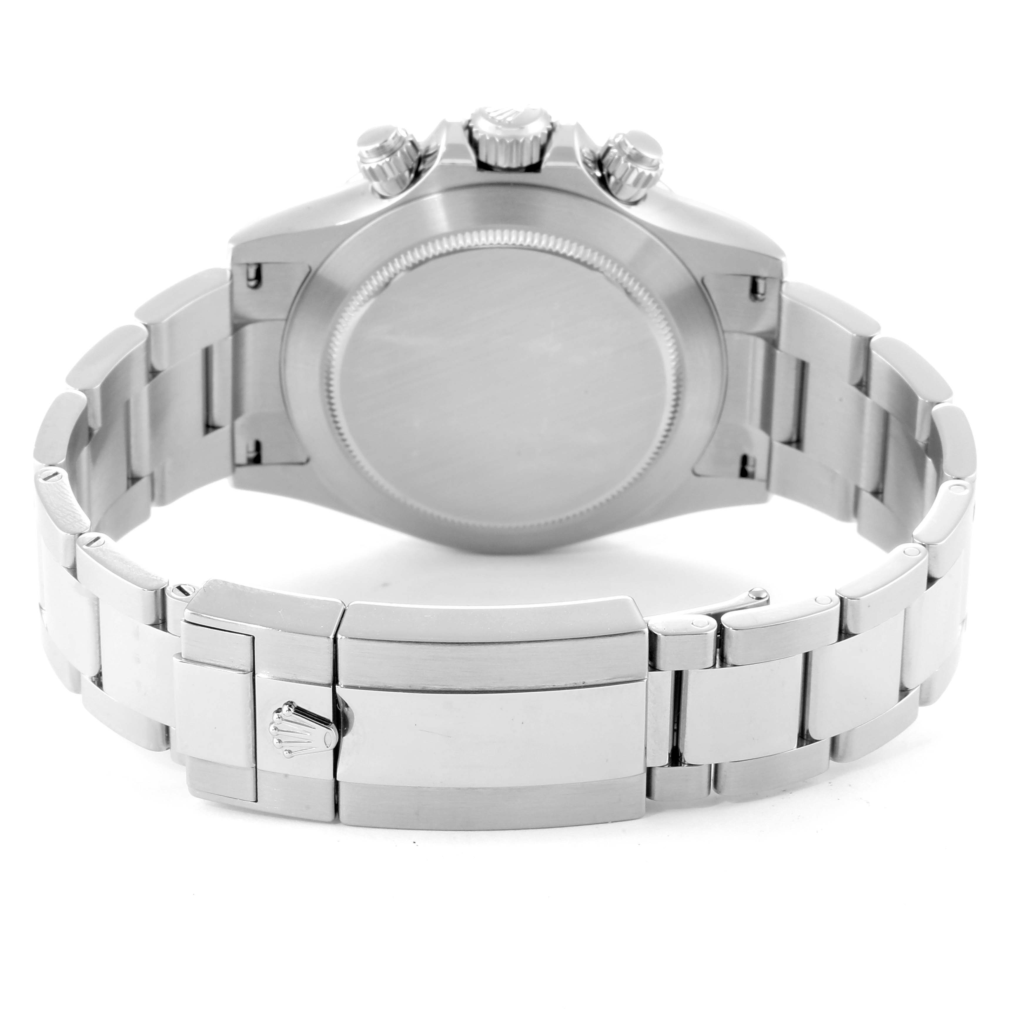 The image shows the back and bracelet clasp of a Rolex Daytona 116520 Men's Stainless Steel Black Dial 116520 Men's Stainless Steel Black Dial watch with a focus on the case back and links.