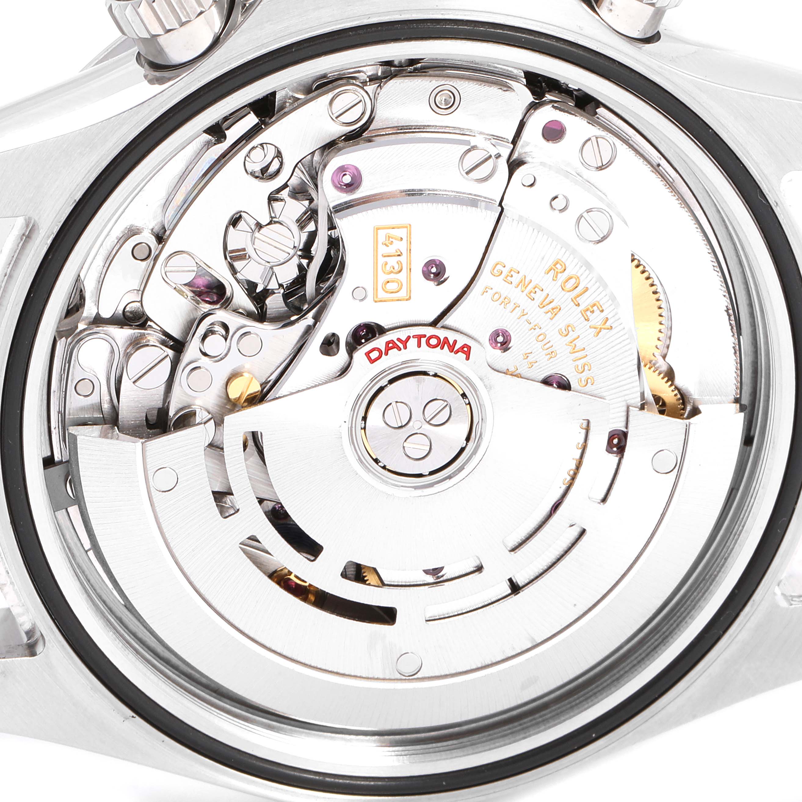 The image shows the intricate mechanism and movement parts of the Rolex Daytona 116520 Men's Stainless Steel Black Dial 116520 Men's Stainless Steel Black Dial watch from a back angle.