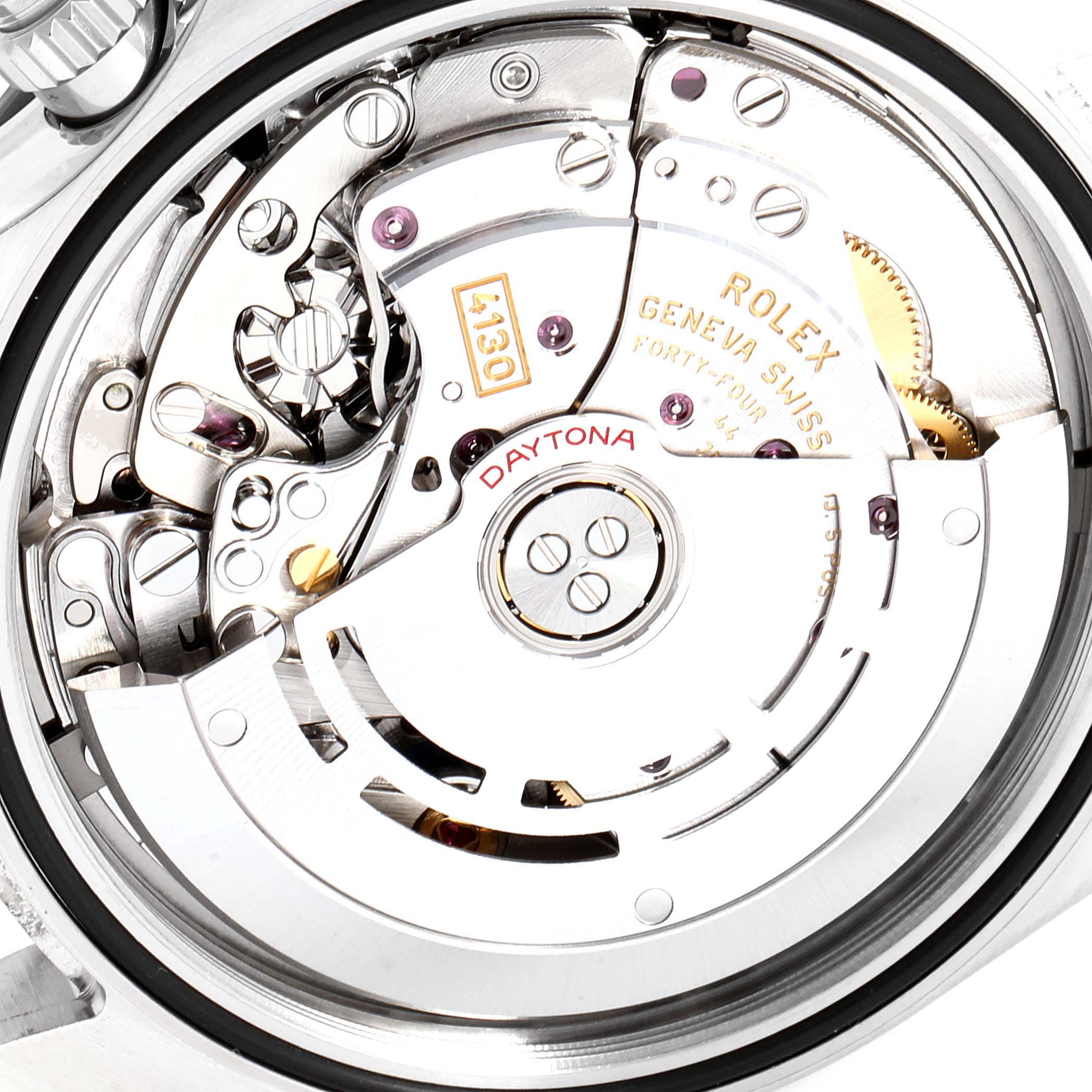 The image shows the intricate inner mechanism and movement of a Rolex Daytona 116500 Men's Stainless Steel White Dial 116500 Men's Stainless Steel White Dial watch at a close-up angle.