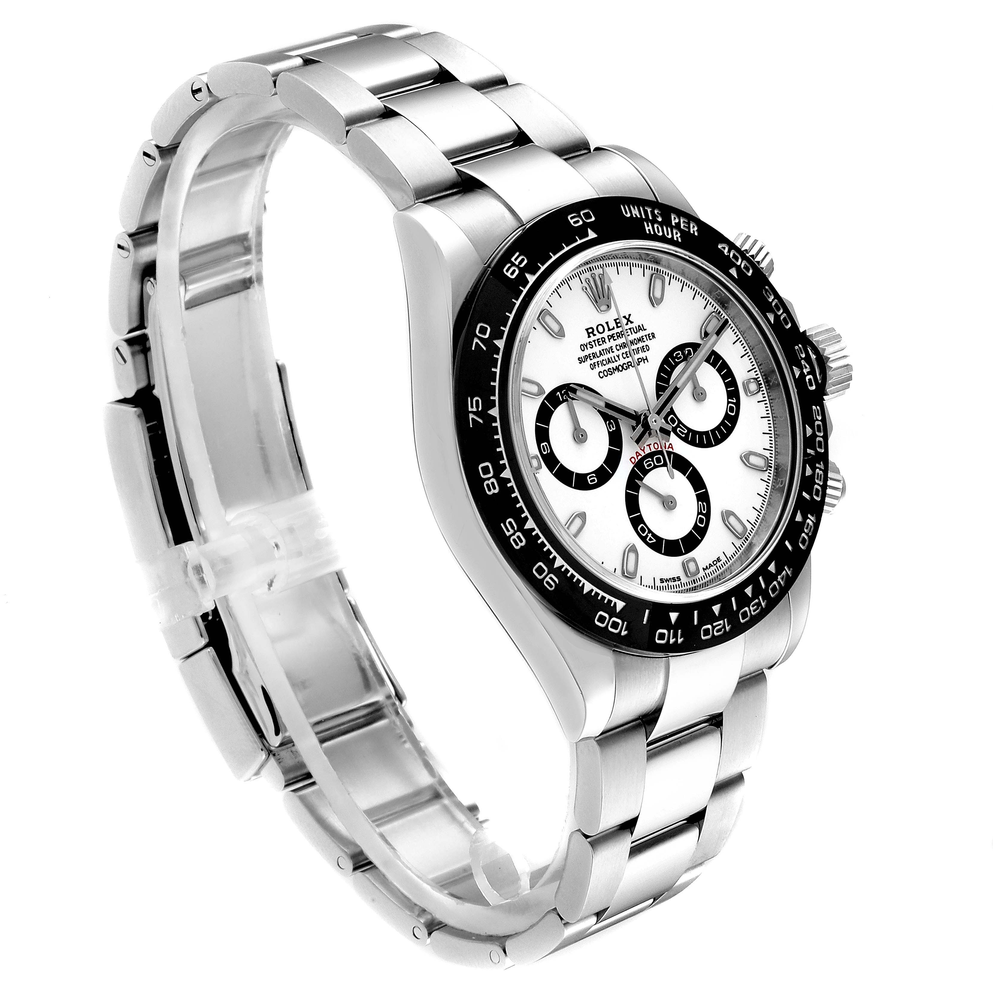 The image shows a Rolex Daytona 116500 Men's Stainless Steel White Dial 116500 Men's Stainless Steel White Dial watch at a slight angled side view, displaying the stainless steel bracelet, bezel, and dial.