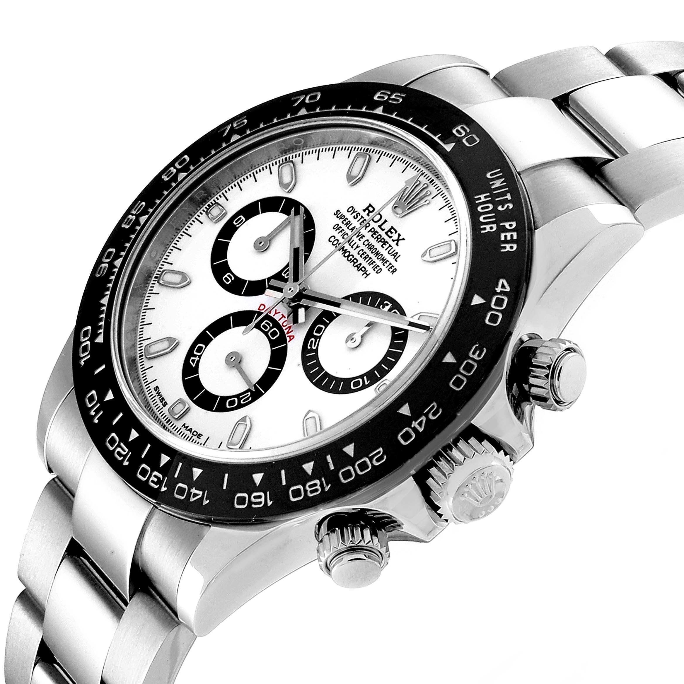 The image shows a close-up angle of the face and bracelet of a Rolex Daytona 116500 Men's Stainless Steel White Dial 116500 Men's Stainless Steel White Dial watch, highlighting its dials and bezel.