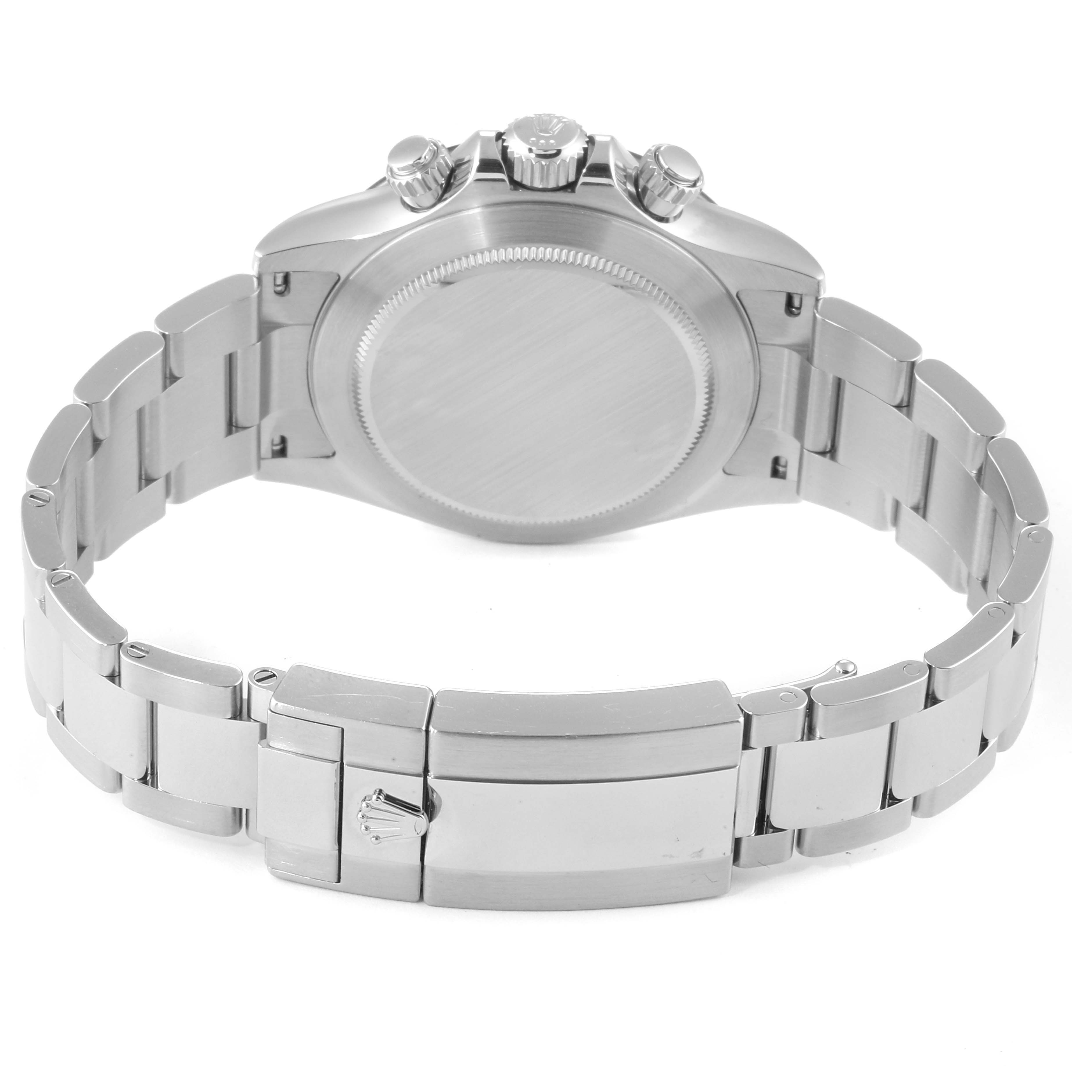 The image shows the back case, bracelet, and clasp of a Rolex Daytona 116500 Men's Stainless Steel White Dial 116500 Men's Stainless Steel White Dial watch from a rear angle.