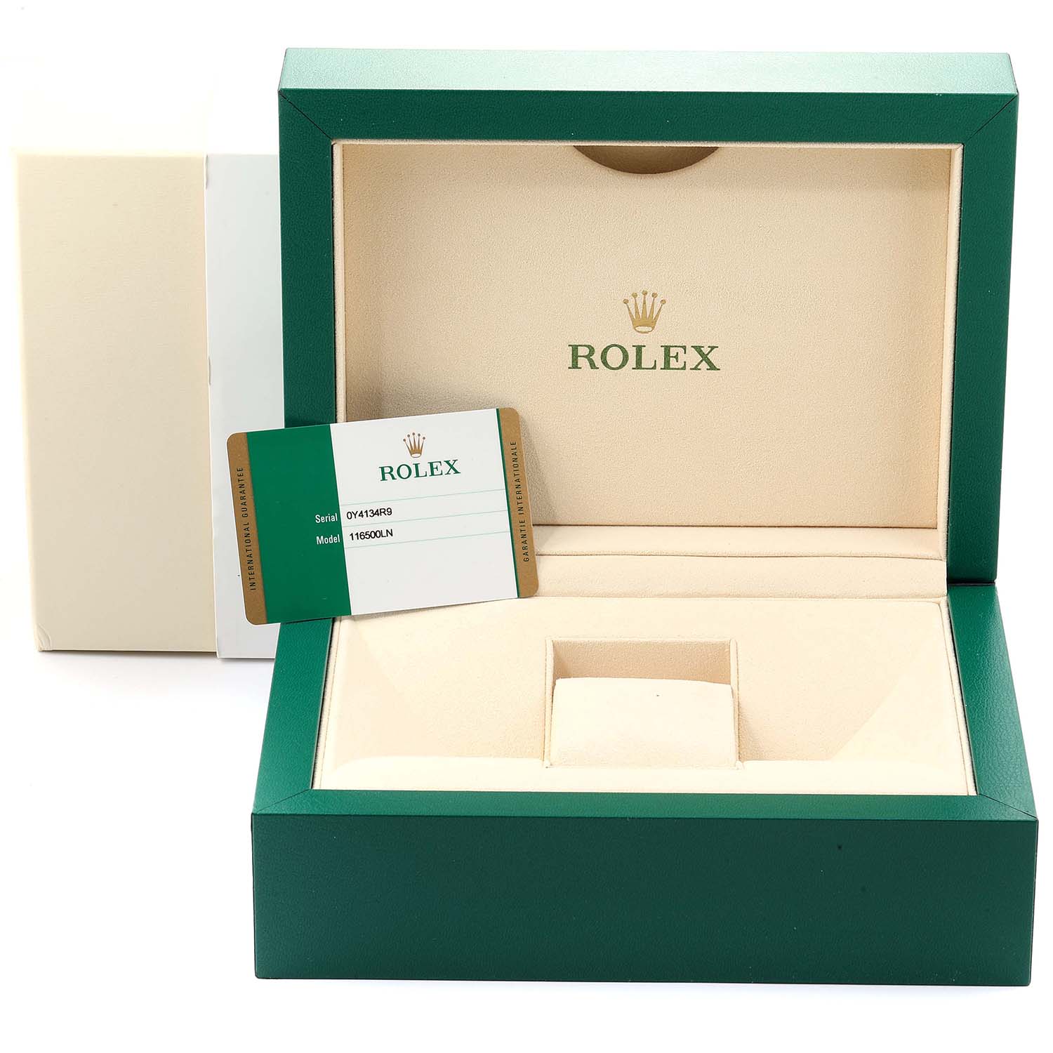 The image shows an empty Rolex Daytona 116500 Men's Stainless Steel White Dial 116500 Men's Stainless Steel White Dial watch box with a warranty card placed inside.