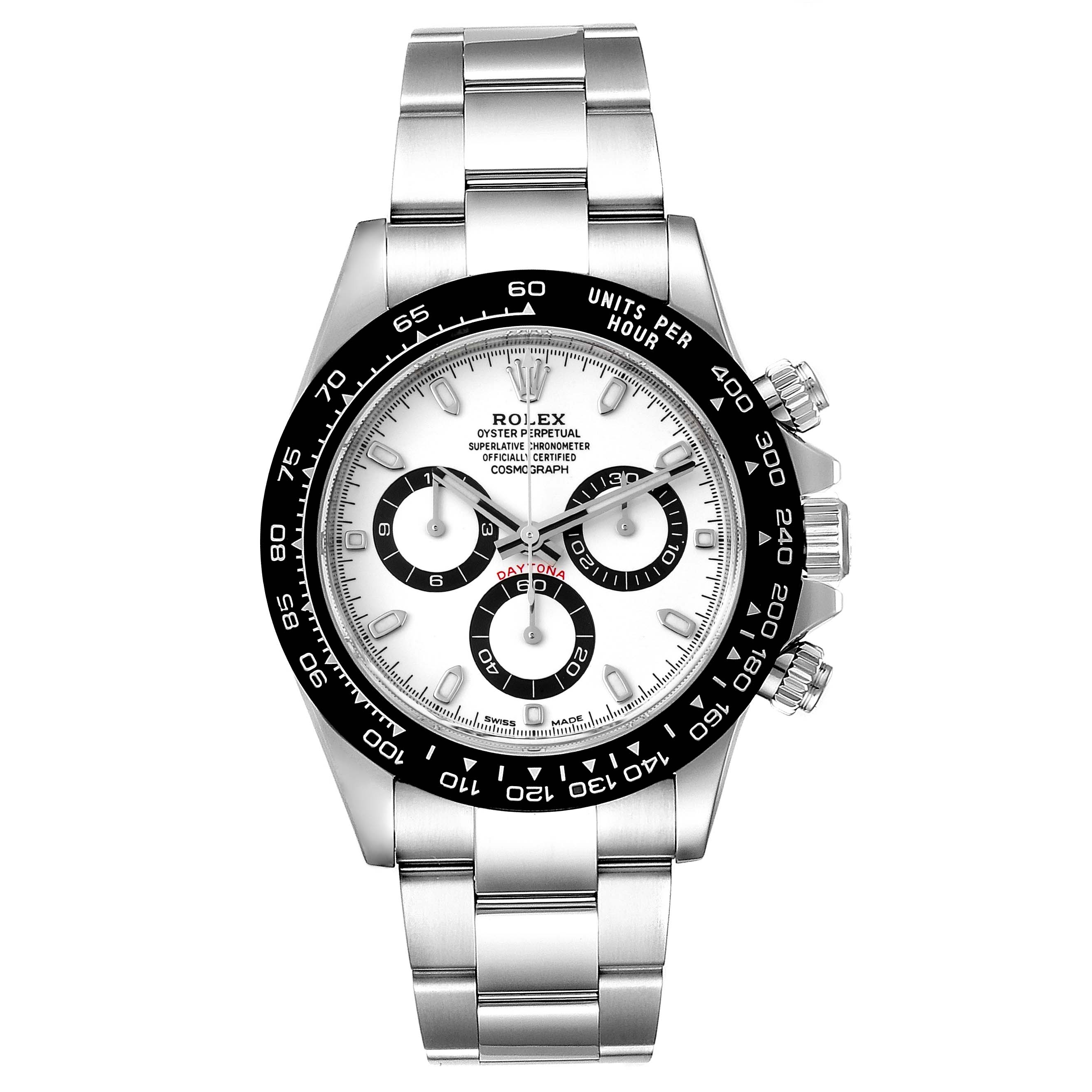 This Rolex Daytona 116500 Men's Stainless Steel White Dial 116500 Men's Stainless Steel White Dial watch is shown from a front angle, displaying its dial, bezel, crown, and bracelet.